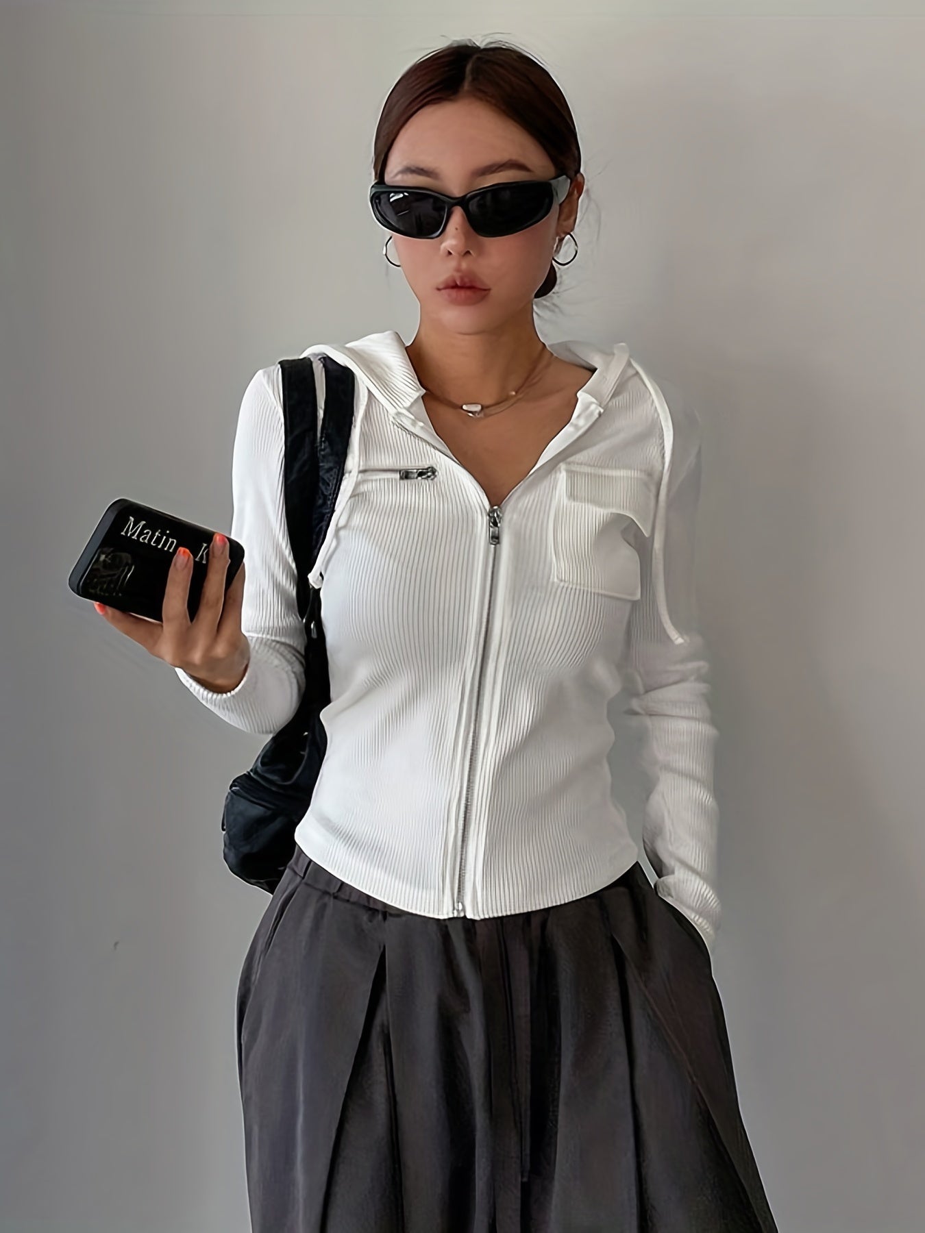 gbolsos Zip Up Drawstring Jacket, Casual Solid Long Sleeve Hooded Outerwear, Women's Clothing