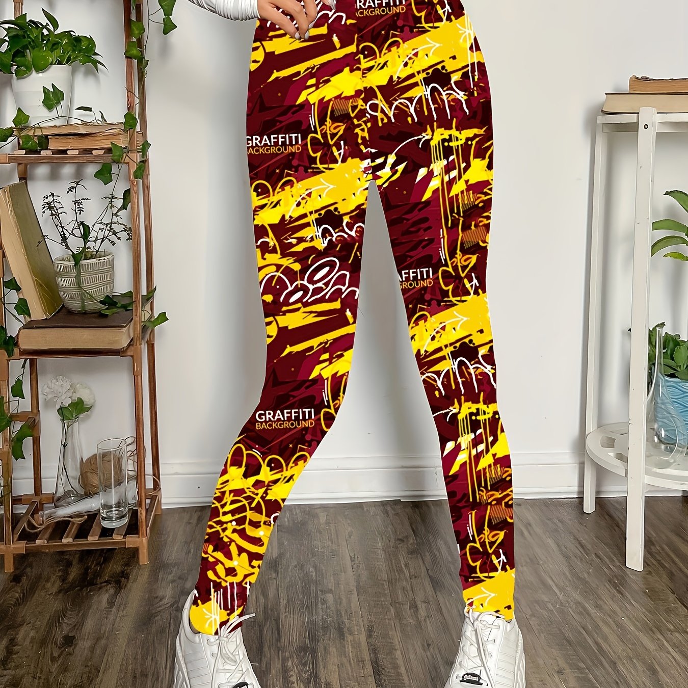 gbolsosGraffiti Print Skinny Leggings, Casual Every Day Stretchy Leggings, Women's Clothing
