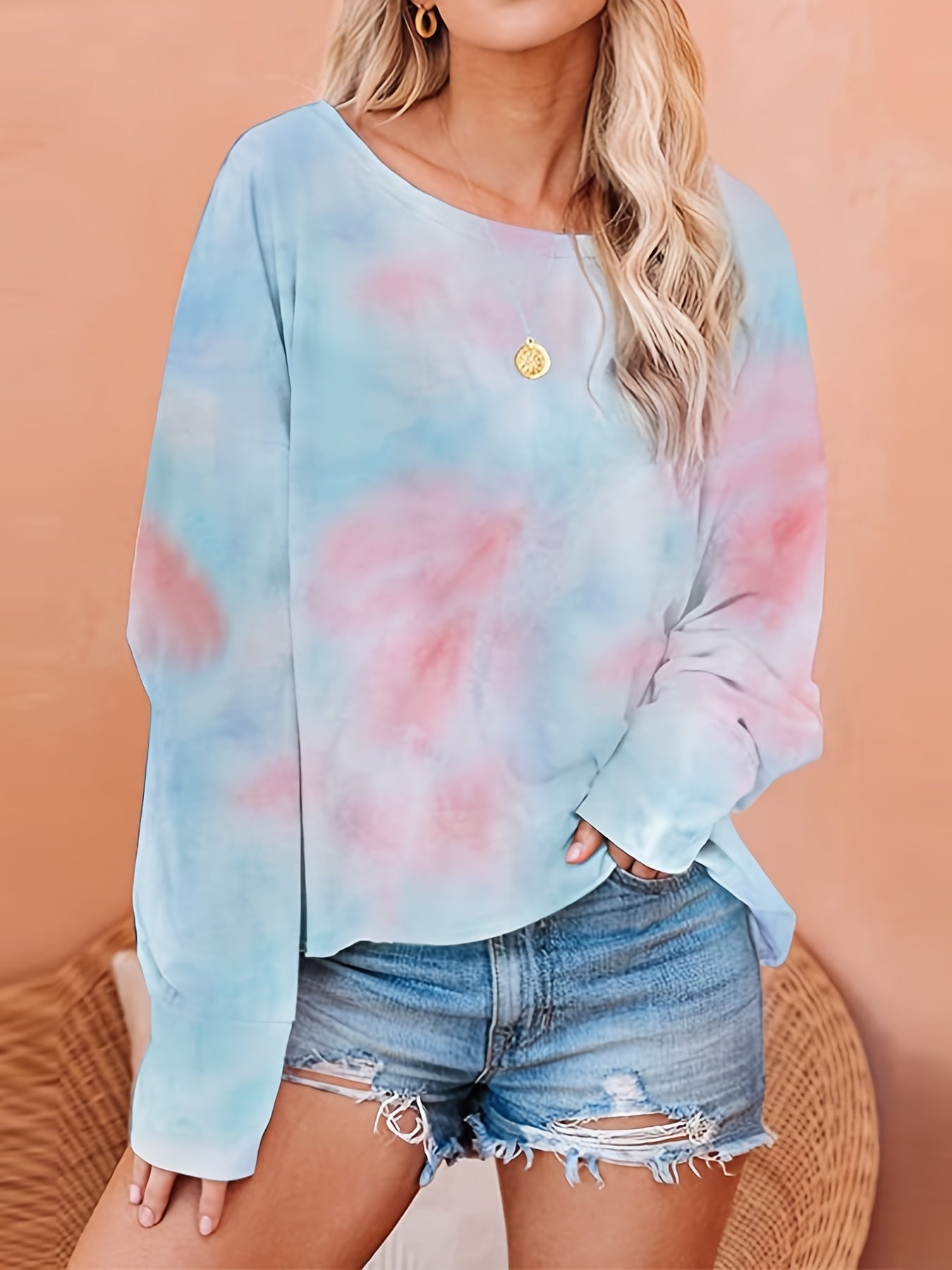 gbolsos Tie Dye Crew Neck Long Sleeve Pullover Top, Casual Everyday T-Shirt For Valentine's Day Gifts, Women's Clothing
