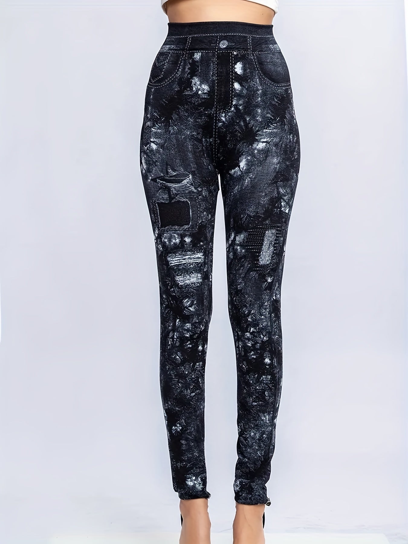 gbolsosDenim Print High Waist Jeggings, Slim Stretchy Casual Leggings, Women's Clothing