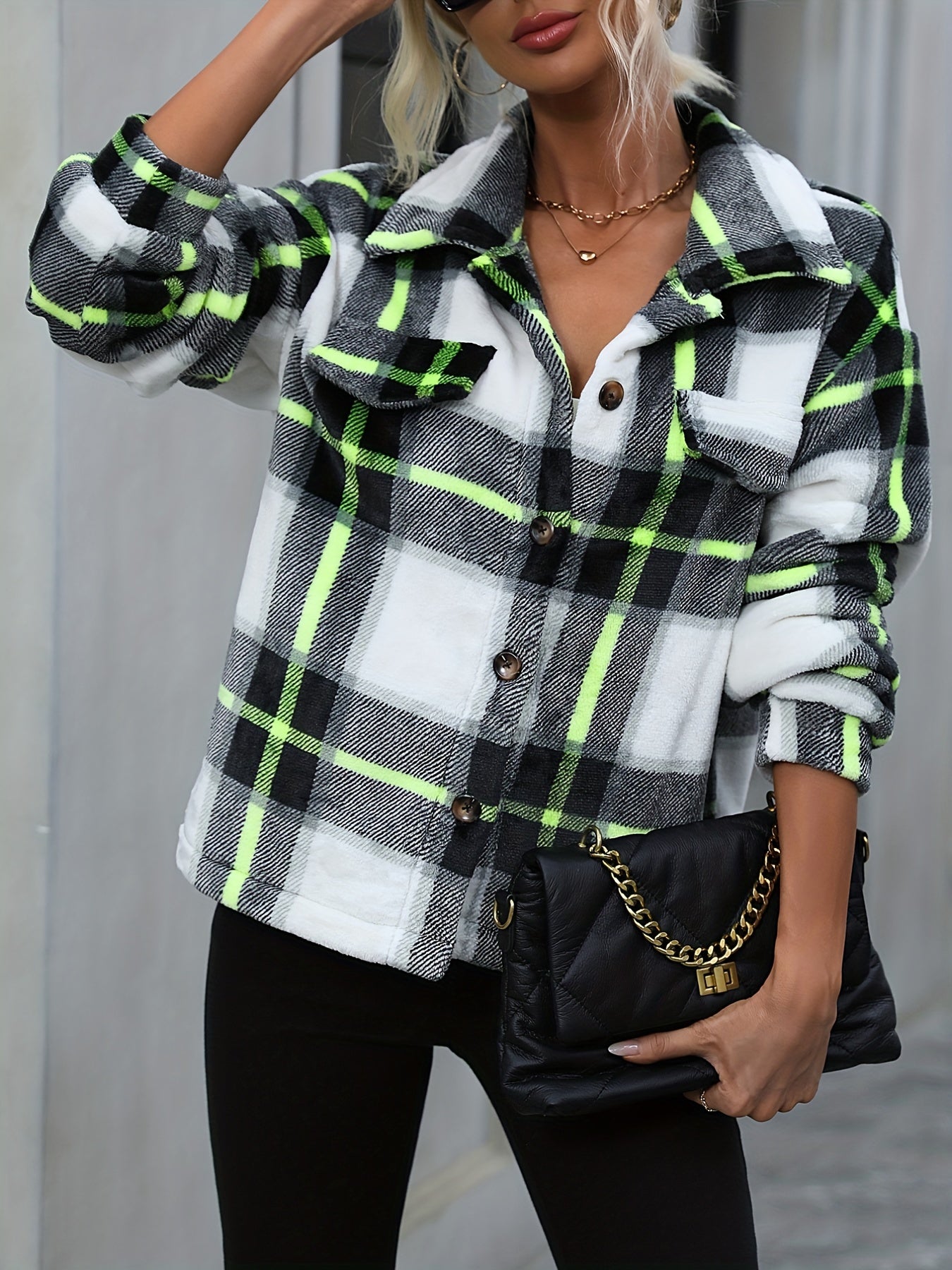 gbolsos Plaid Print Single Button Jacket, Casual Drop Shoulder Jacket For Fall, Women's Clothing