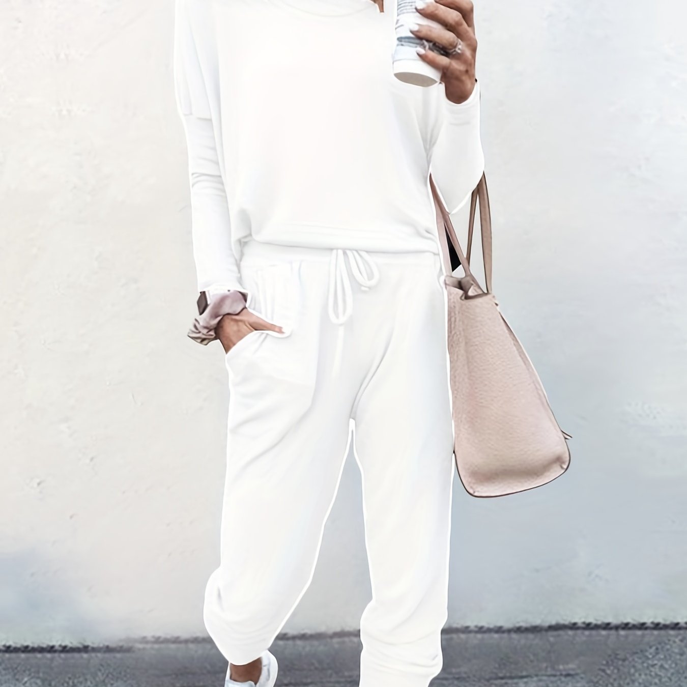 gbolsos Casual Solid Two-piece Set, Long Sleeve T-shirt & Drawstring Pants Outfits, Women's Clothing