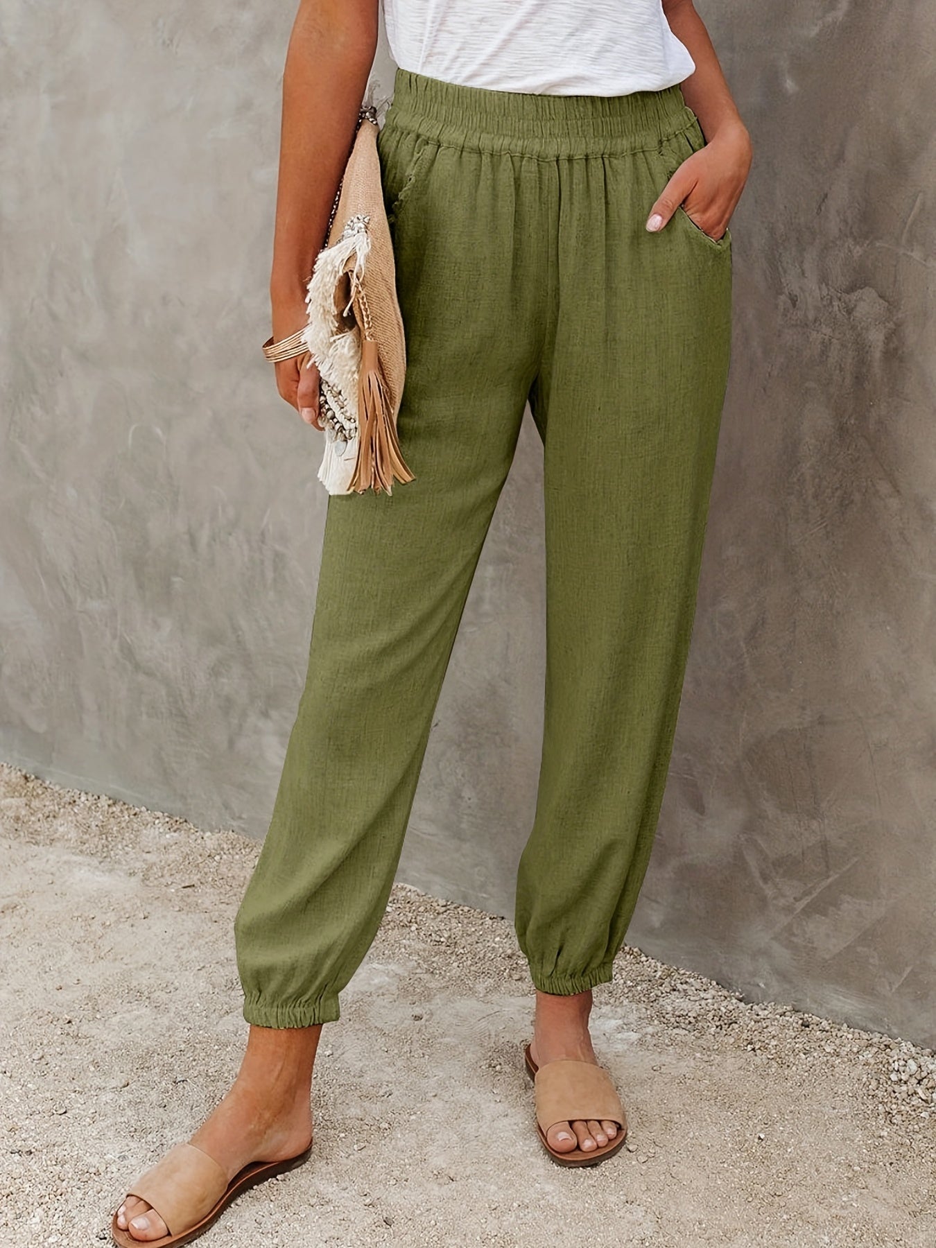 gbolsos Solid Ruched Pants, Casual Elastic High Waist Cropped Pants With Pockets, Women's Clothing