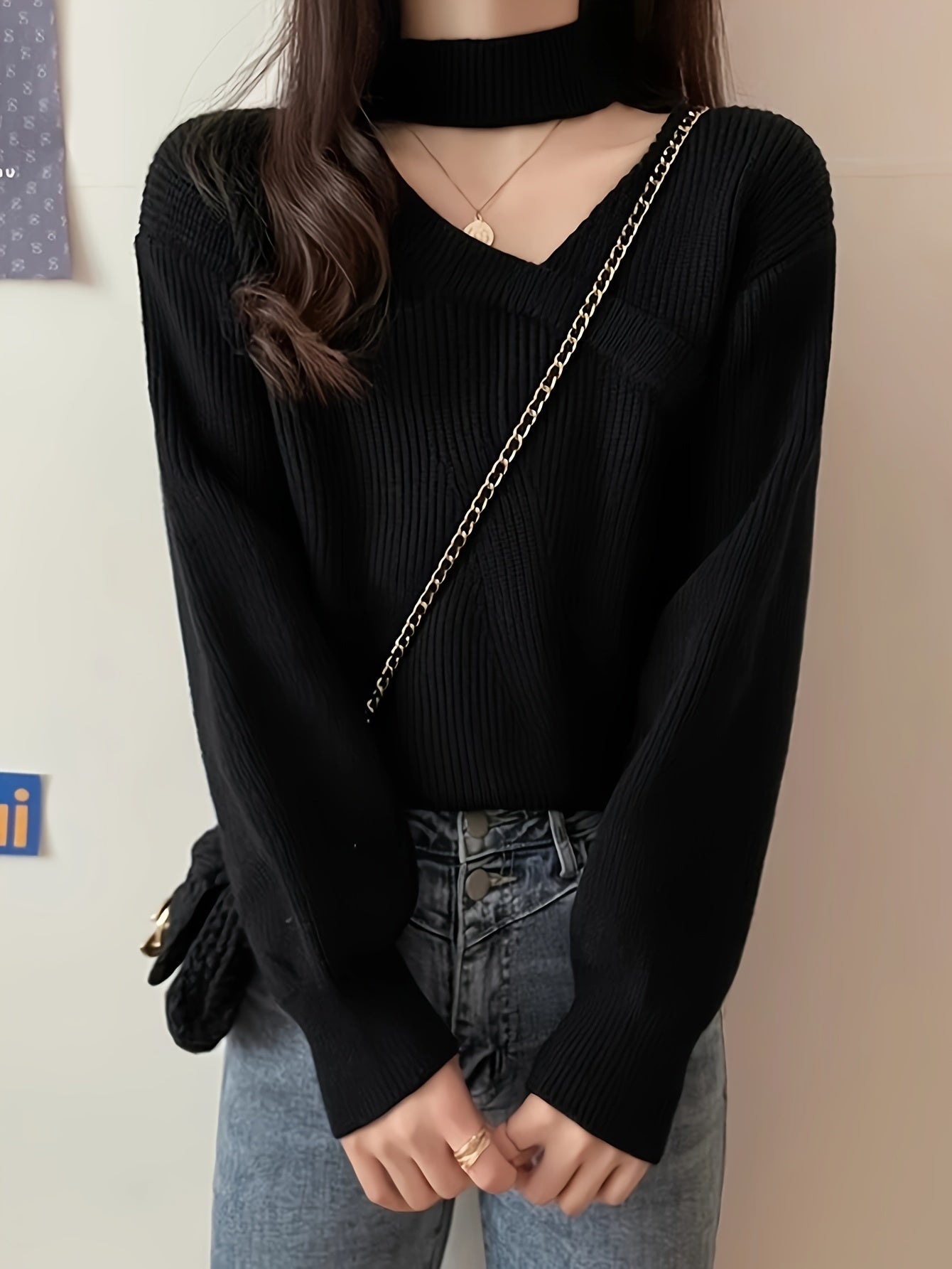 gbolsos Solid Mock Neck Pullover Sweater, Elegant Cut Out Lantern Sleeve Stylish Sweater, Women's Clothing