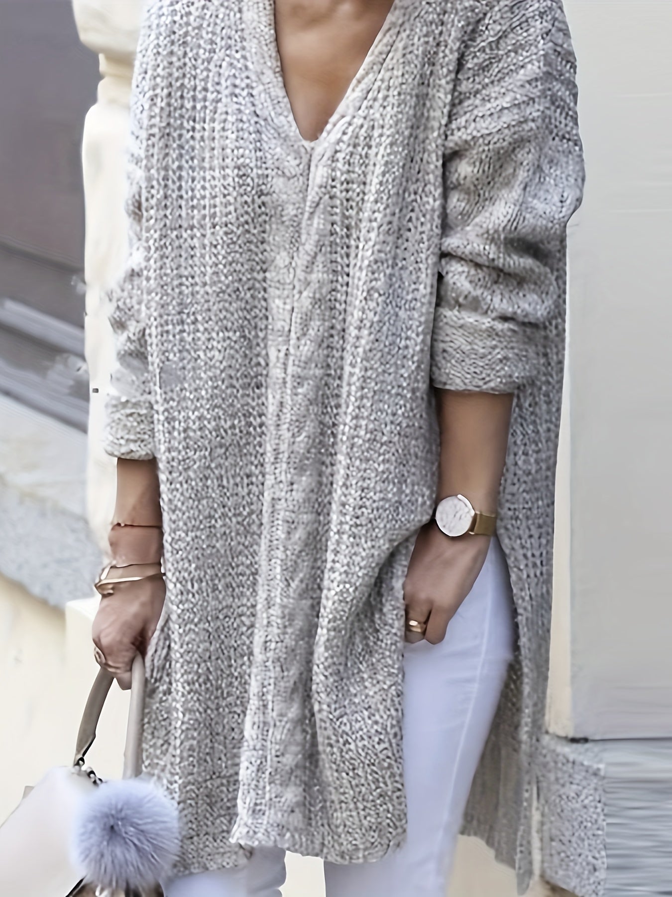 gbolsos Plus Size Solid Knitted Sweater, Casual V Neck Long Sleeve Sweater For Fall & Winter, Women's Plus Size Clothing