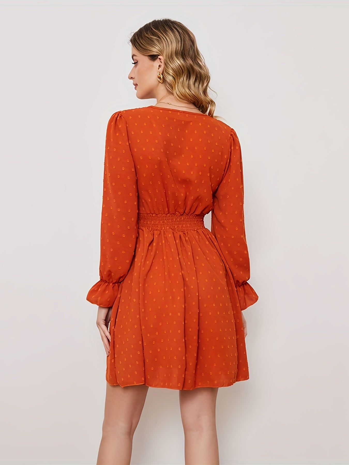 Polka Dot Ruched Dress, Casual Solid V Neck High Waist Long Sleeve Mini Dress, Women's Clothing