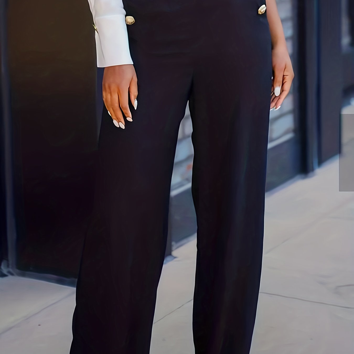gbolsos Button Decor Waist Wide Leg Pants, Casual Loose Pants For Spring & Fall, Women's Clothing