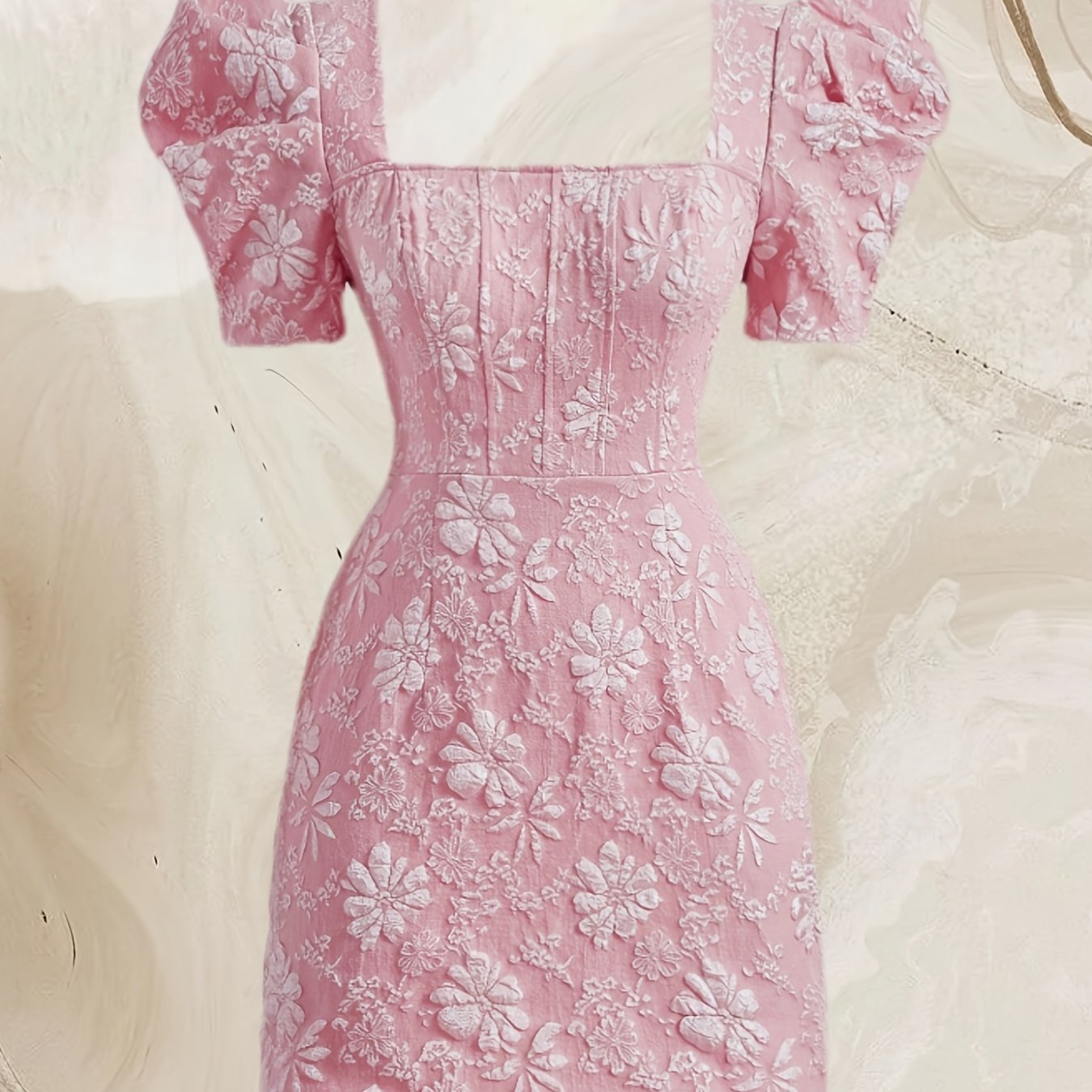 Solid Color Puff Sleeve Dress, Elegant Square Neck Dress For Spring & Summer, Women's Clothing