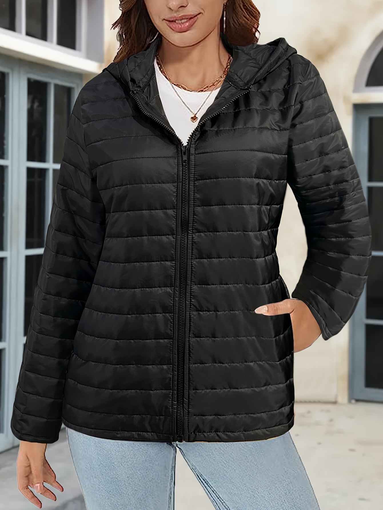 gbolsos Lightweight Hooded Jacket, Casual Zip Up Long Sleeve Outerwear For Fall & Winter, Women's Clothing