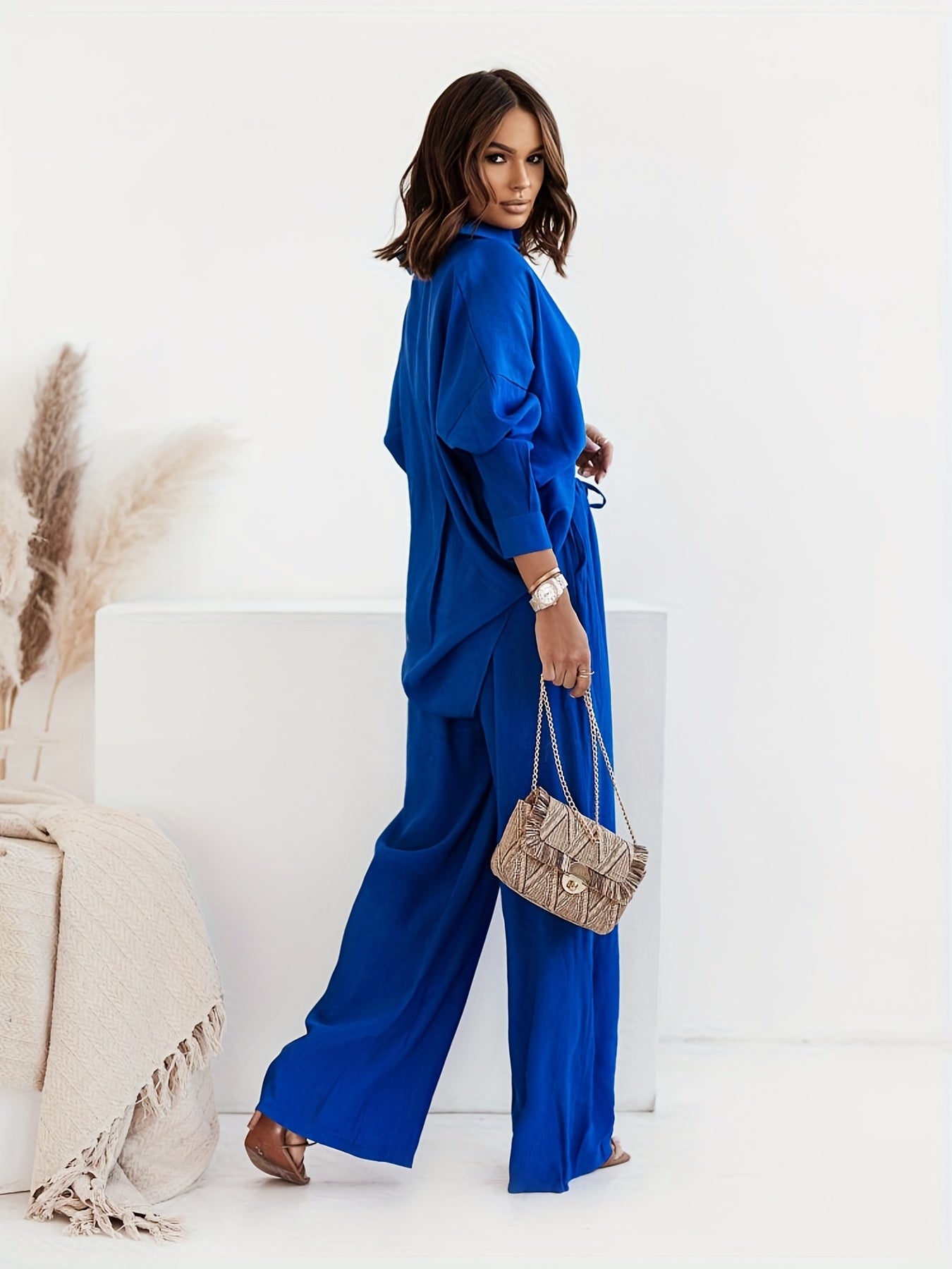 gbolsos Solid Casual Two-piece Set, Button Front Turn Down Collar Shirt & High Waist Wide Leg Pants Outfits, Women's Clothing