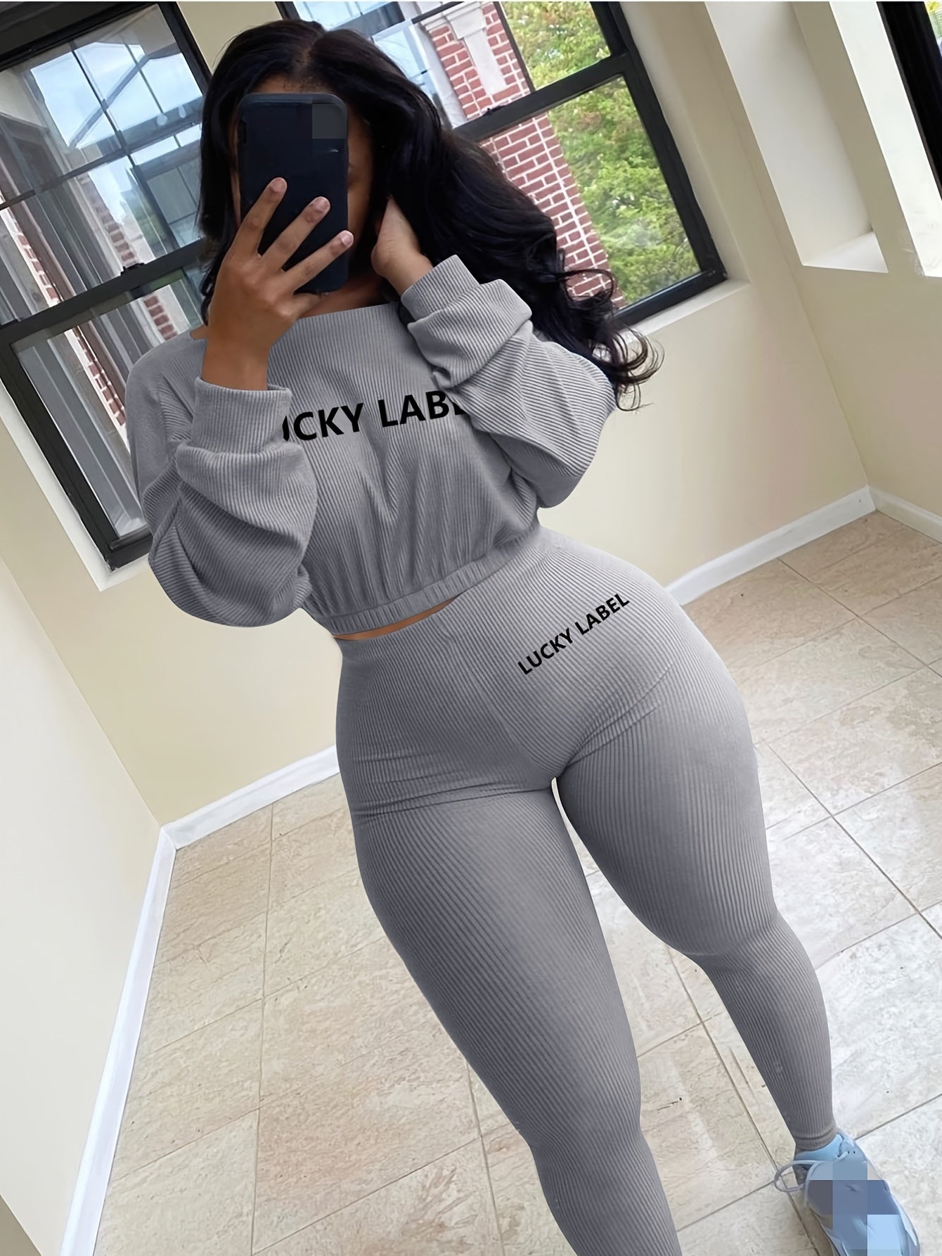 gbolsos Letter Print 2pc Set, Drop Shoulder Crew Neck Sweatshirt & Elastic Waist Jogging Pants Set, Women's Clothing