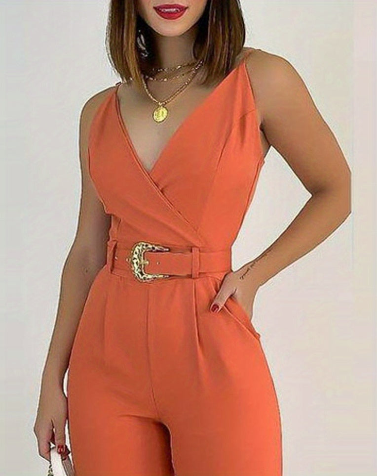 gbolsos Solid V-neck Belted Cami Jumpsuit, Elegant Sleeveless Jumpsuit For Spring & Summer, Women's Clothing