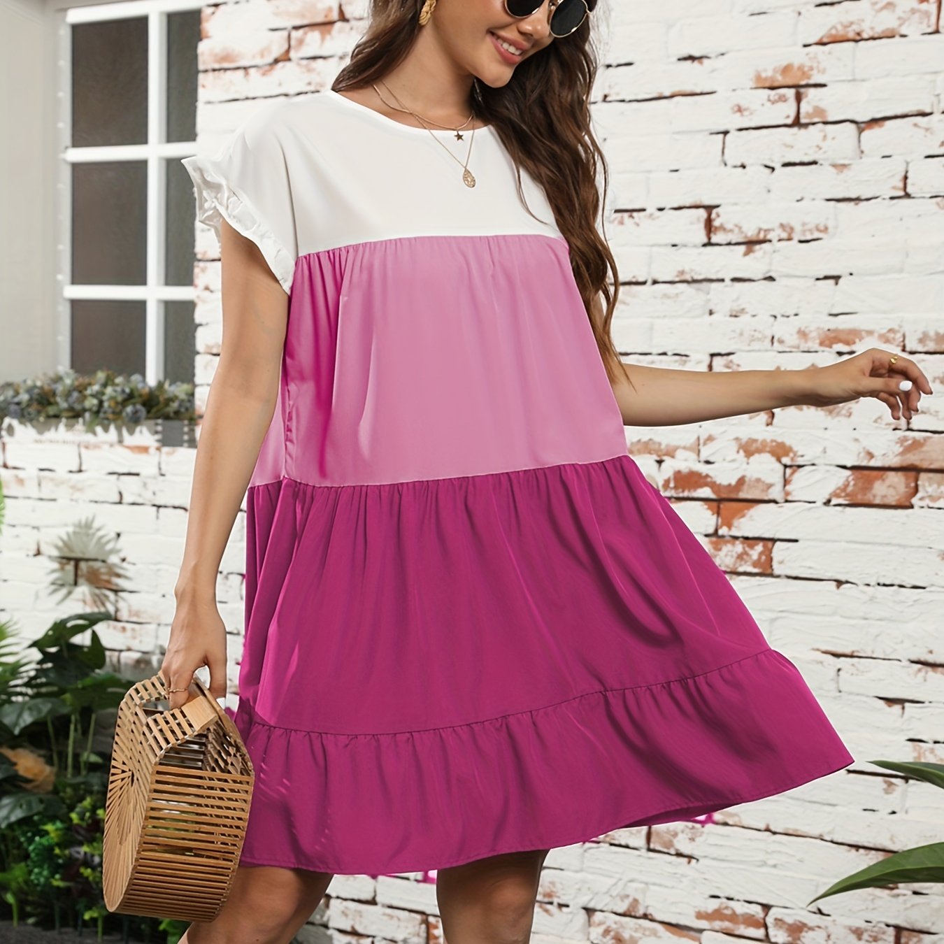 Color Block Ruffle Hem Dress, Casual Crew Neck Short Sleeve Dress, Women's Clothing