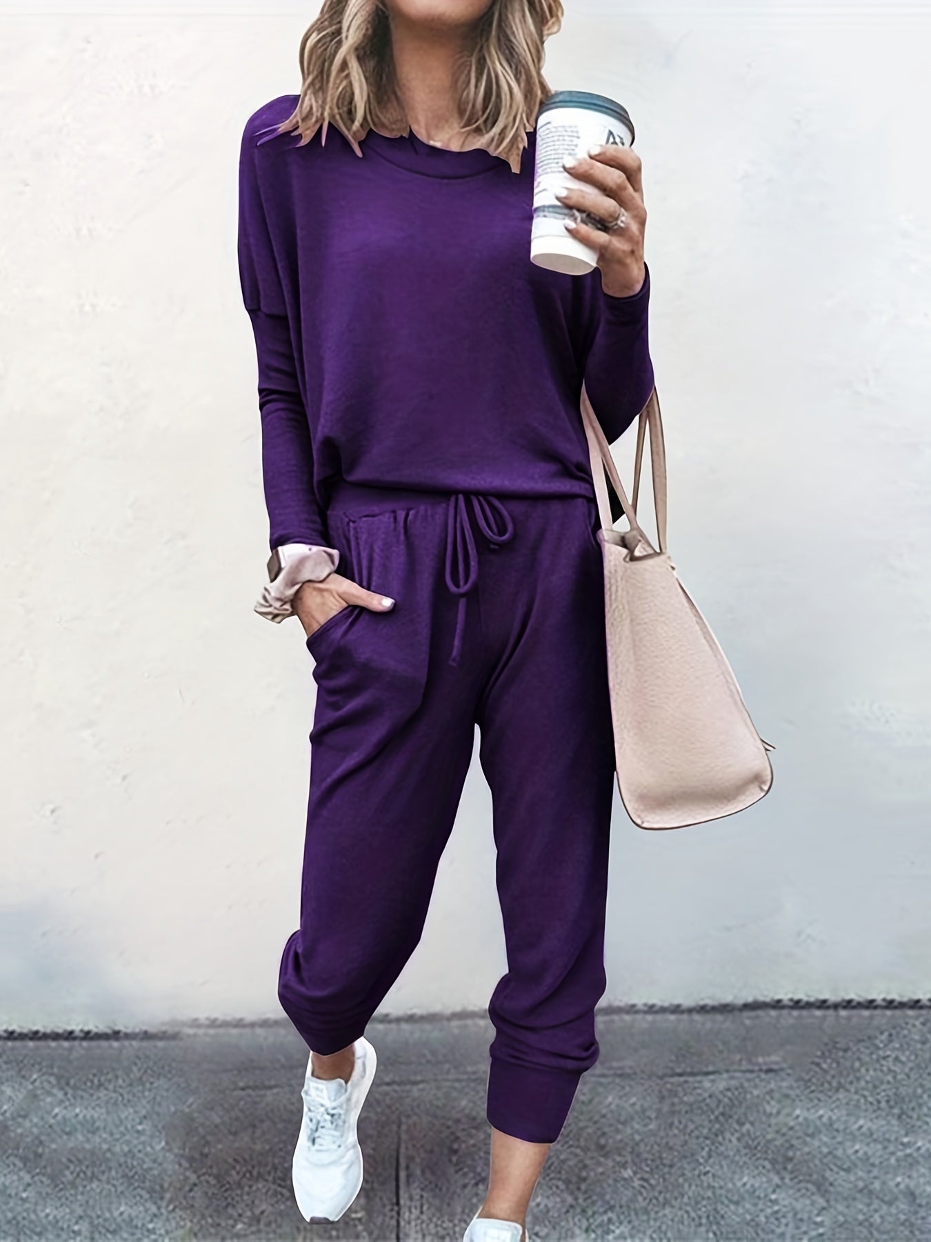 gbolsos Casual Solid Two-piece Set, Long Sleeve T-shirt & Drawstring Pants Outfits, Women's Clothing