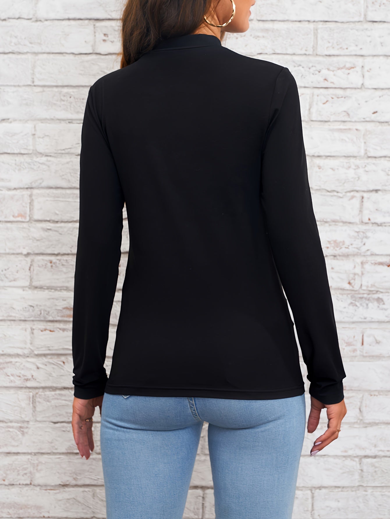 kkboxly Dot Pattern Mesh Stitching Mock Neck T-Shirt, Casual Long Sleeve Top For Spring & Fall, Women's Clothing