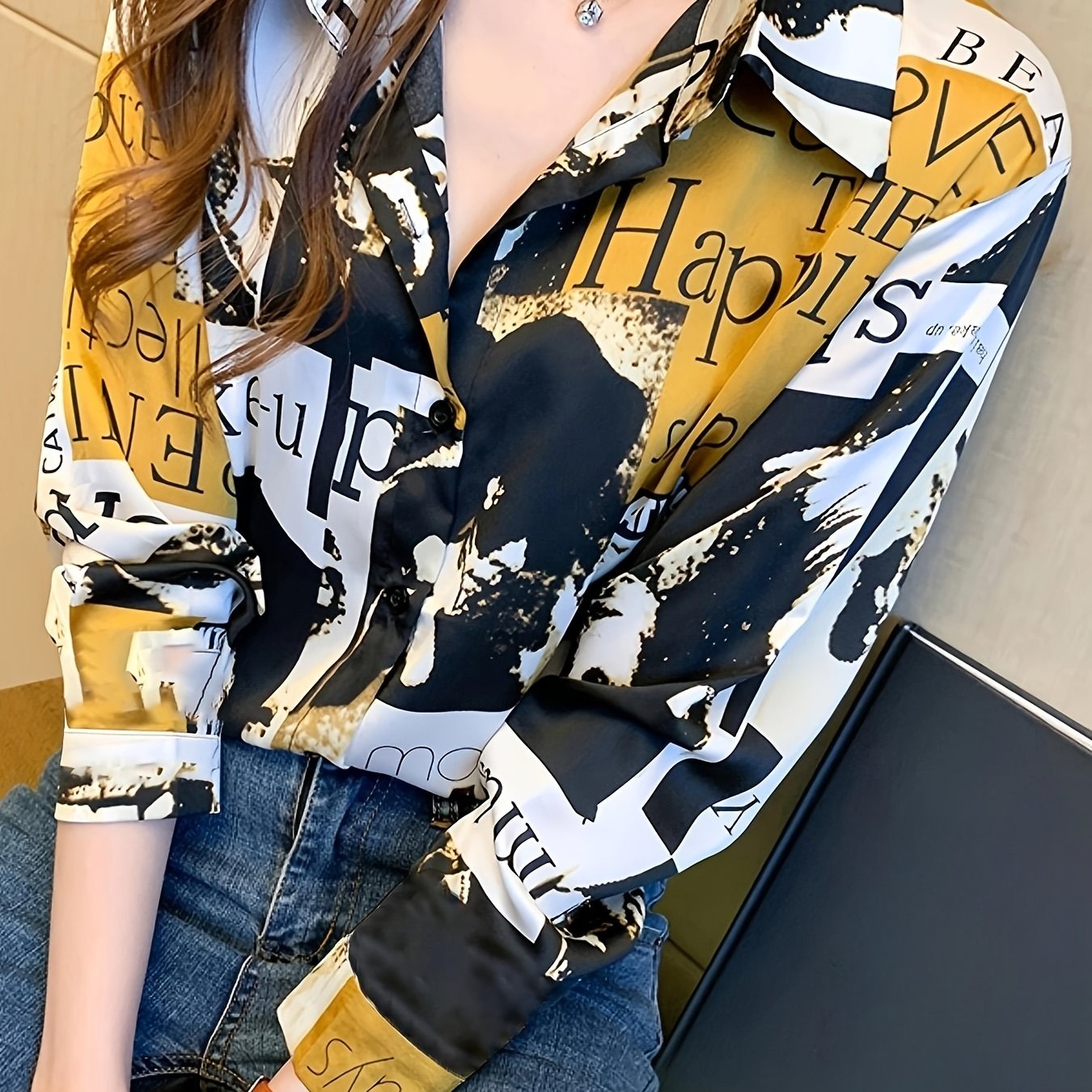 gbolsos Letter & Graphic Print Shirt, Street Wear Button Front Turn Down Collar Long Sleeve Shirt, Women's Clothing
