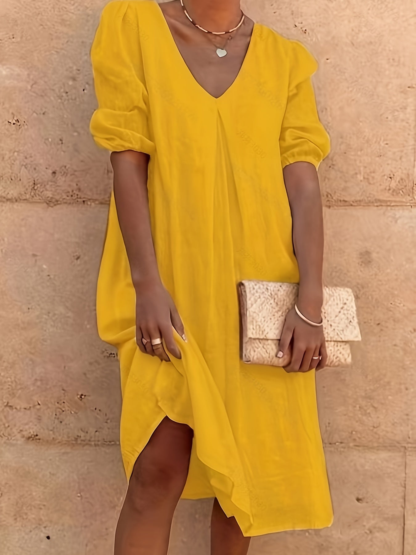 Solid V Neck Dress, Casual Short Sleeve Dress For Spring & Summer, Women's Clothing