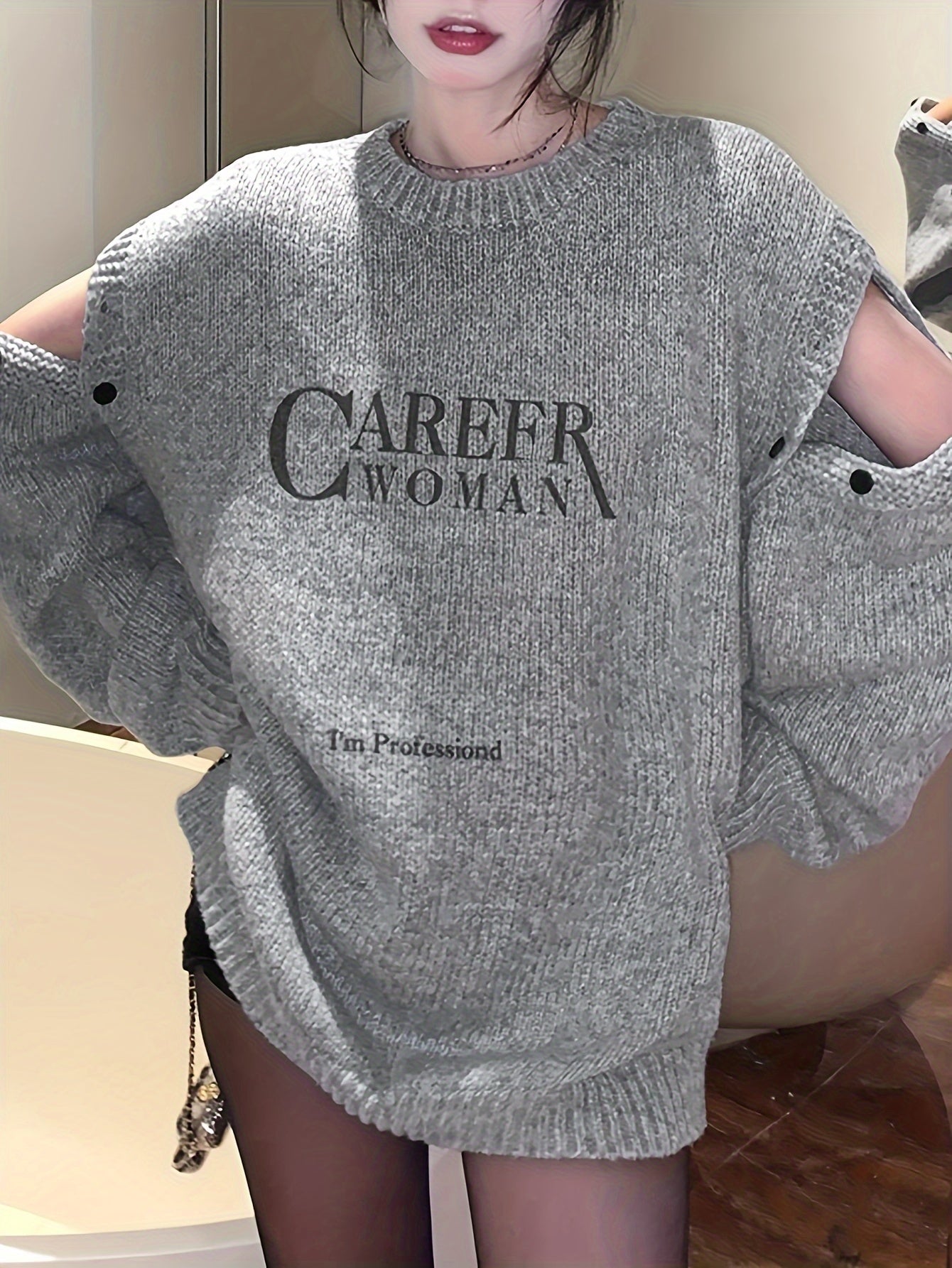 gbolsos Letter Pattern Crew Neck Pullover Sweater, Casual Cold Shoulder Long Sleeve Loose Sweater, Women's Clothing