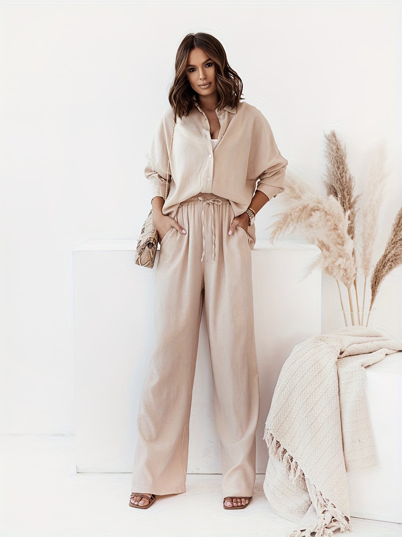 gbolsos Solid Casual Two-piece Set, Button Front Turn Down Collar Shirt & High Waist Wide Leg Pants Outfits, Women's Clothing