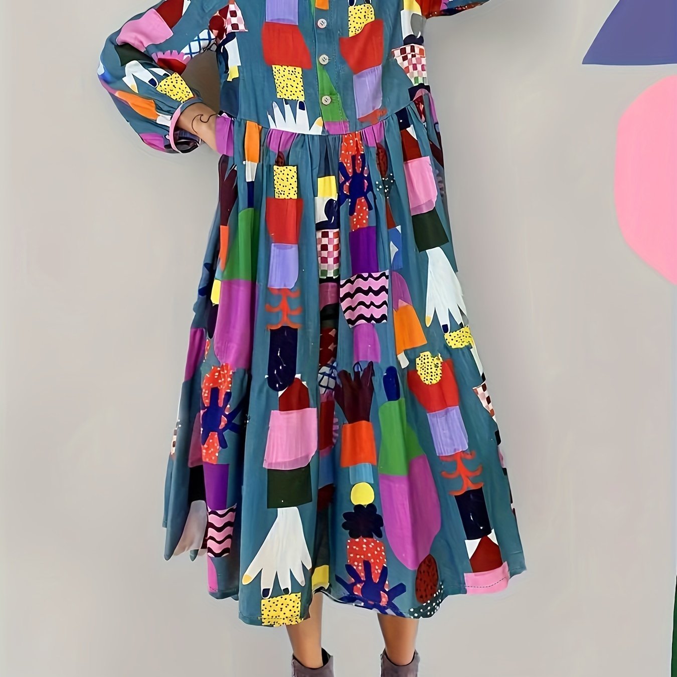 gbolsos Plus Size Cute Maxi Dress, Women's Plus Random Print Long Sleeve Button Up Turn Down Collar Smock Shirt Dress