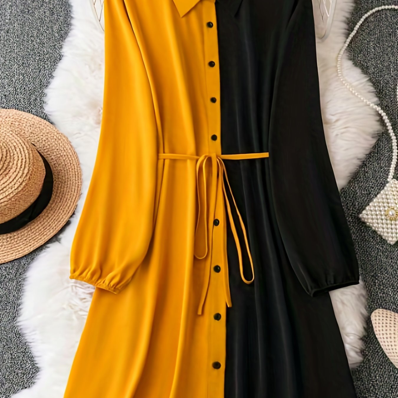 gbolsos Color Block Button Front Shirt Dress, Casual Tie-waist Lantern Sleeve Lapel Dress For Spring & Fall, Women's Clothing