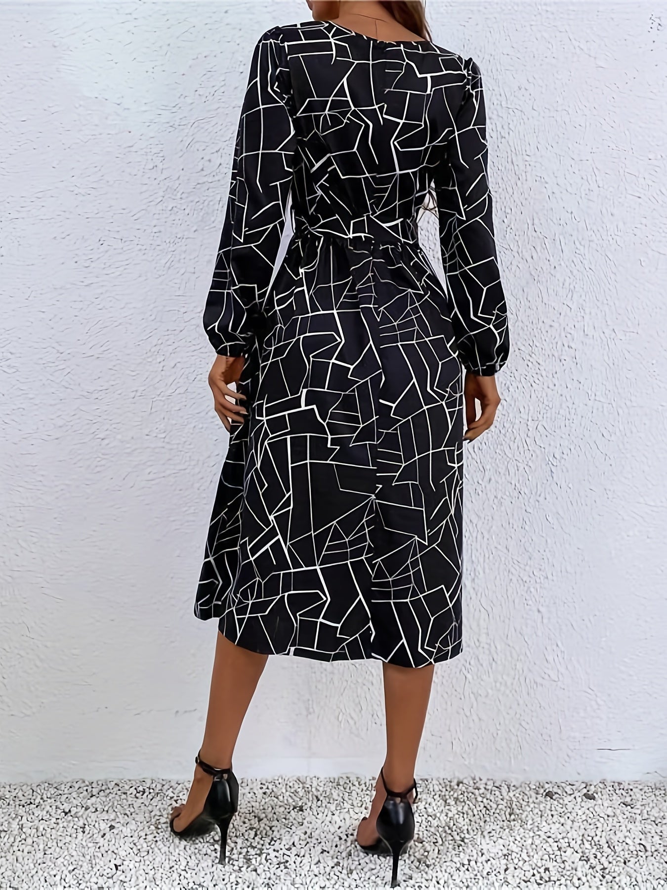 gbolsos Geo Print Dress, Casual Crew Neck Long Sleeve Midi Dress, Women's Clothing