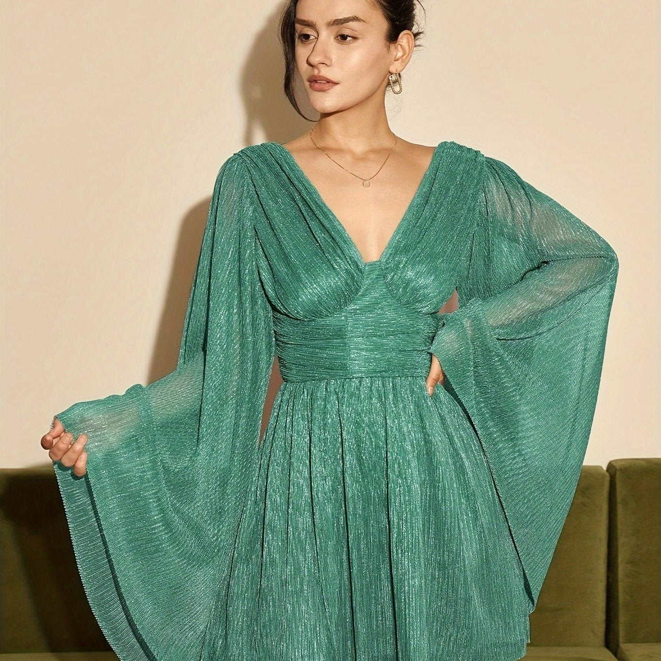 gbolsos Solid Deep V-neck Ruffle Dress, Elegant Flare Sleeve Slim Cut Out Dress For Spring & Fall, Women's Clothing