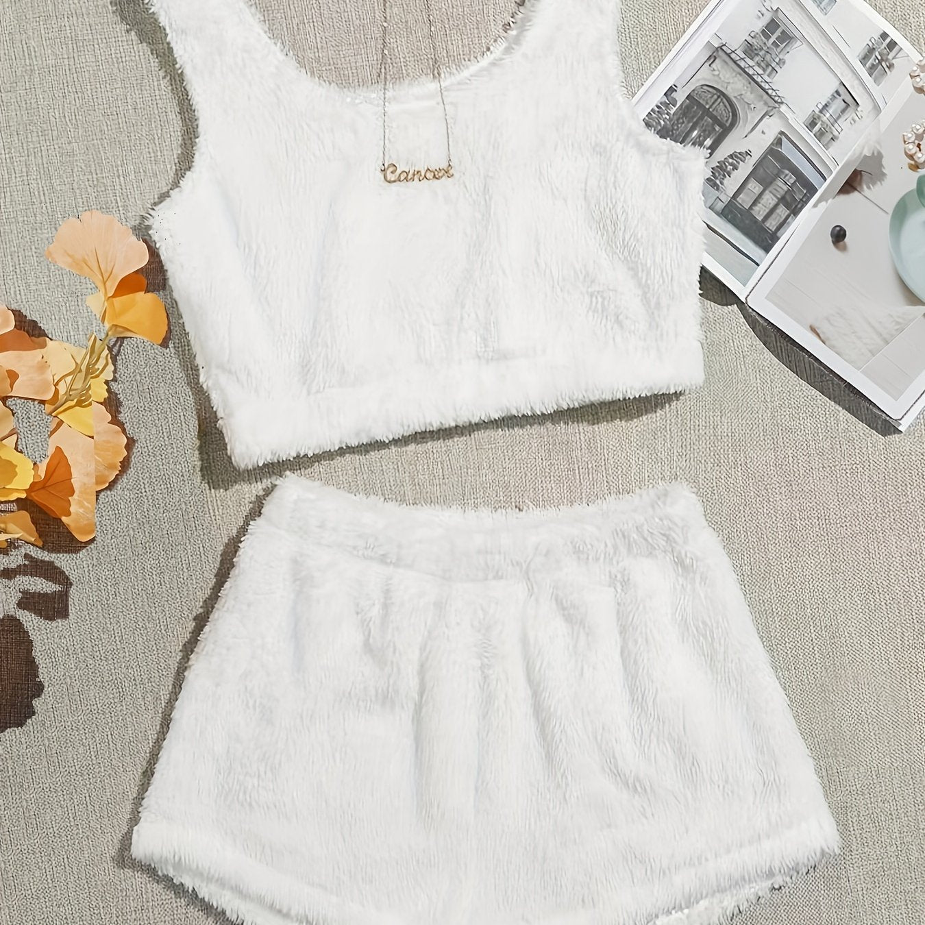 Fluffy Comfortable Pajamas Set, Crop Tank Sleeveless Top & Comfortable Shorts Loungewear Set For Valentine's Gifts, Women's Loungewear & Sleepwear