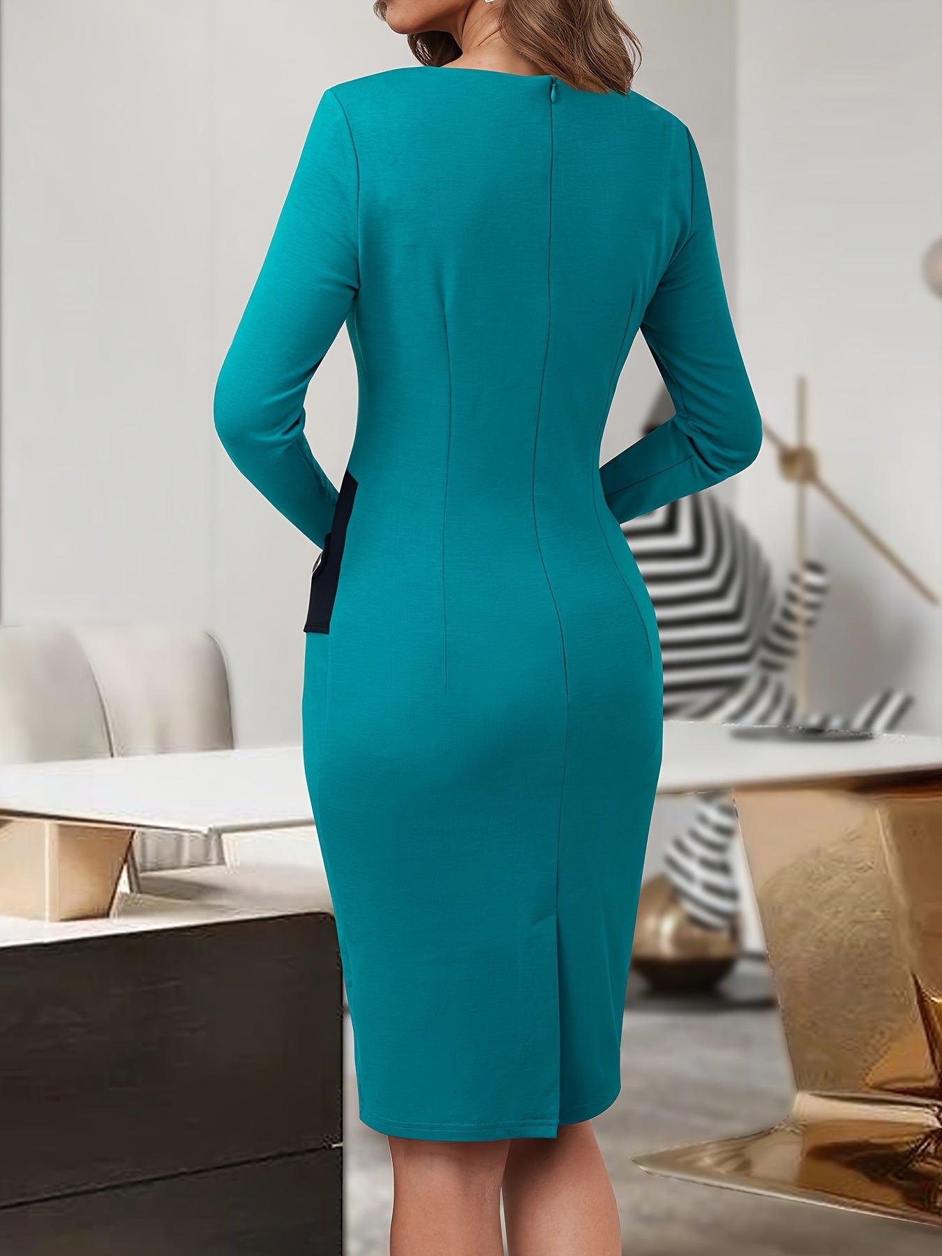 gbolsos Button Decor Color Block Dress, Elegant Long Sleeve Bodycon Dress, Women's Clothing