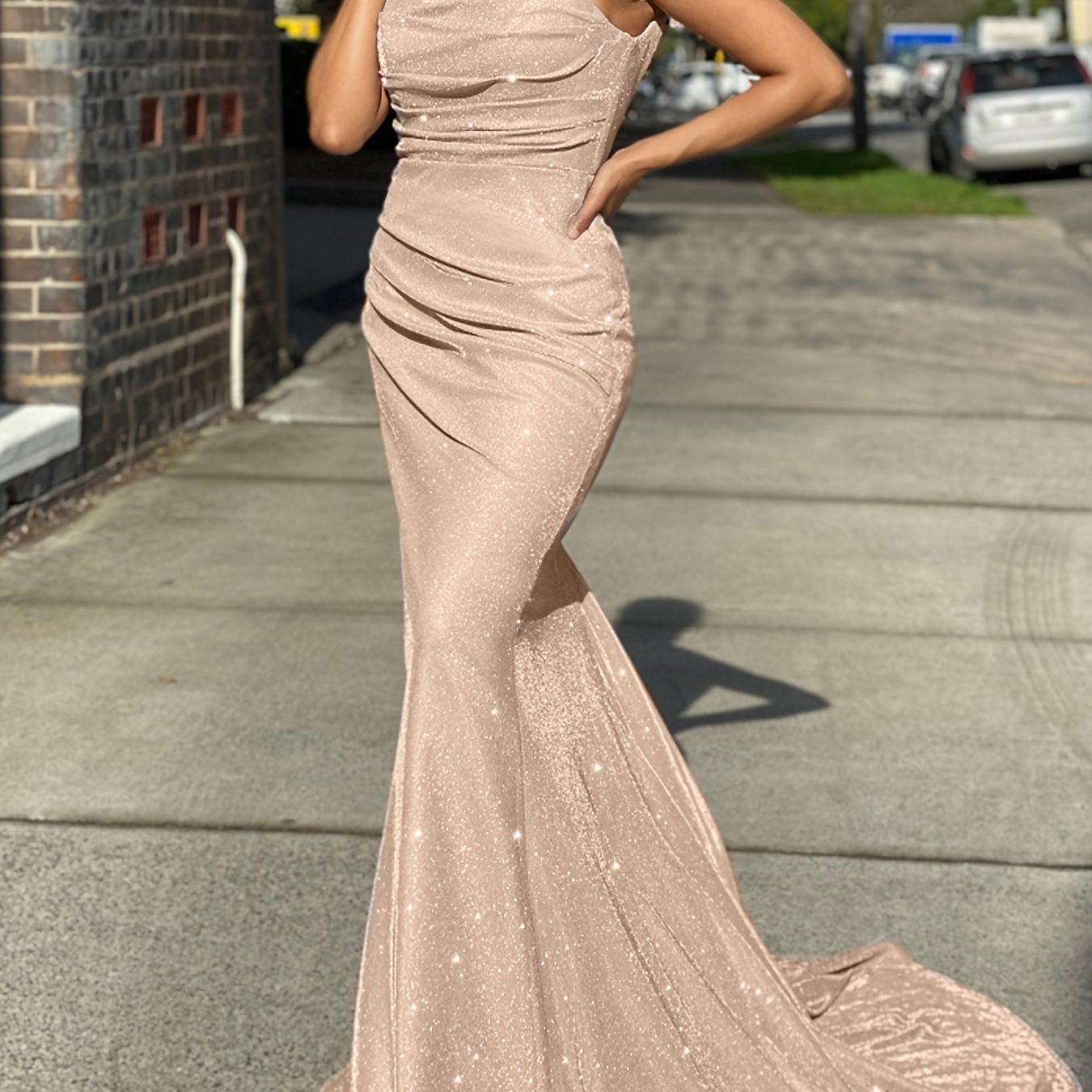 gbolsos Glitter Sequin Slip Sleeveless Backless Maxi Dress, Slim Elegant Ruffled Cocktail Party Guest Evening Gown Mermaid Dress, Women's Clothing