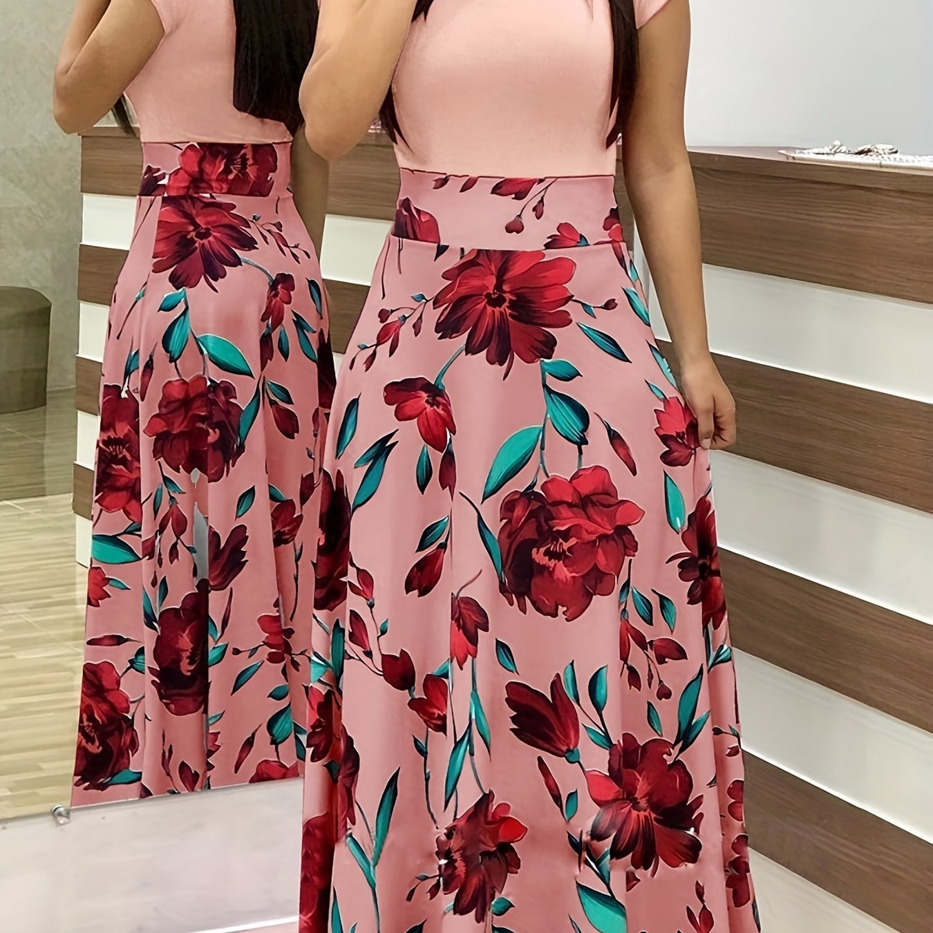 gbolsos Floral Print Splicing Dress, Elegant Crew Neck Short Sleeve Pleated Maxi Dress, Women's Clothing