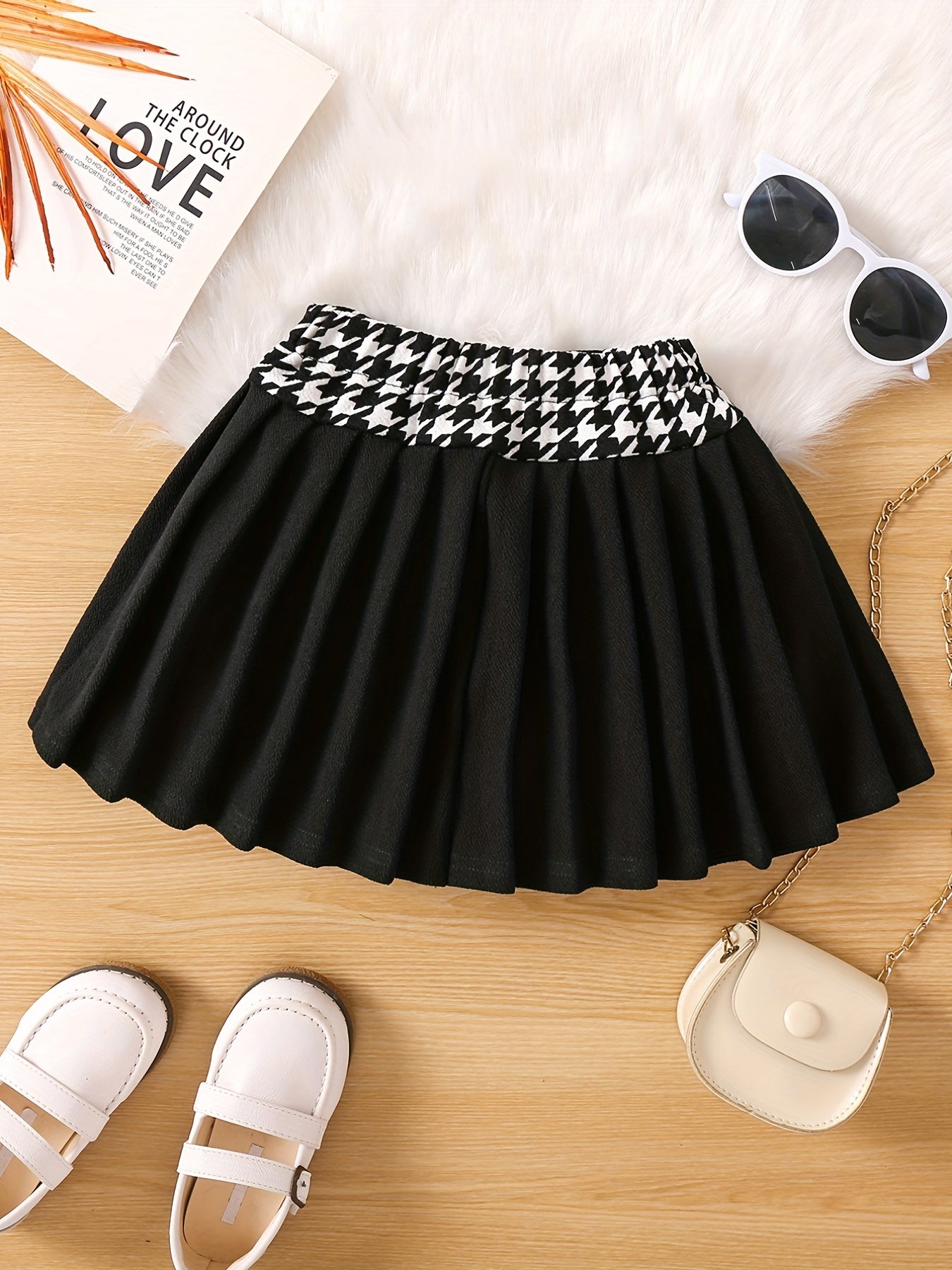 Toddler Girls Houndstooth Panel Pleated Skirt Kids Summer Clothes