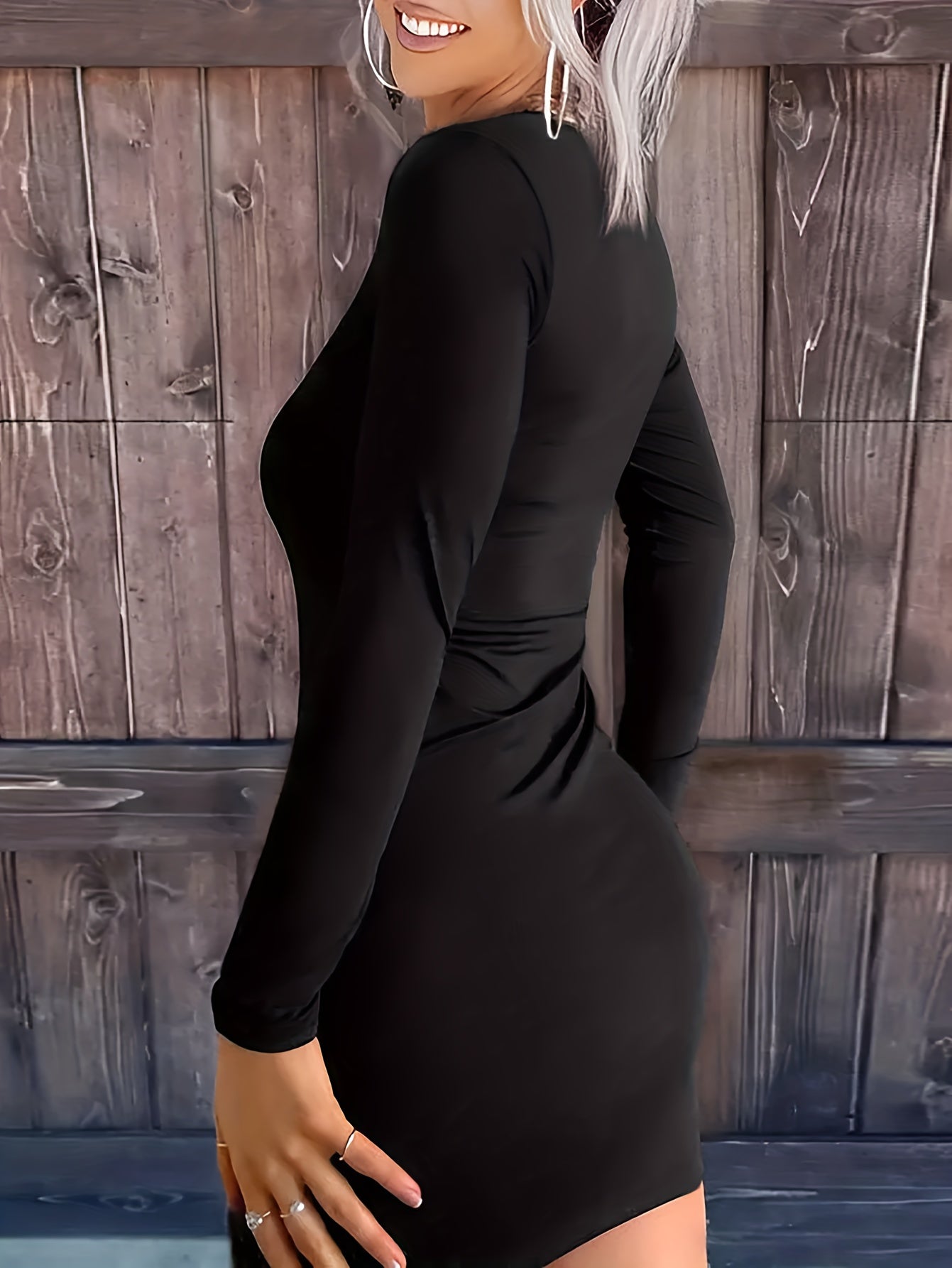 gbolsos Cut Out Drawstring Dress, Party Wear Long Sleeve Bodycon Solid Dress, Women's Clothing
