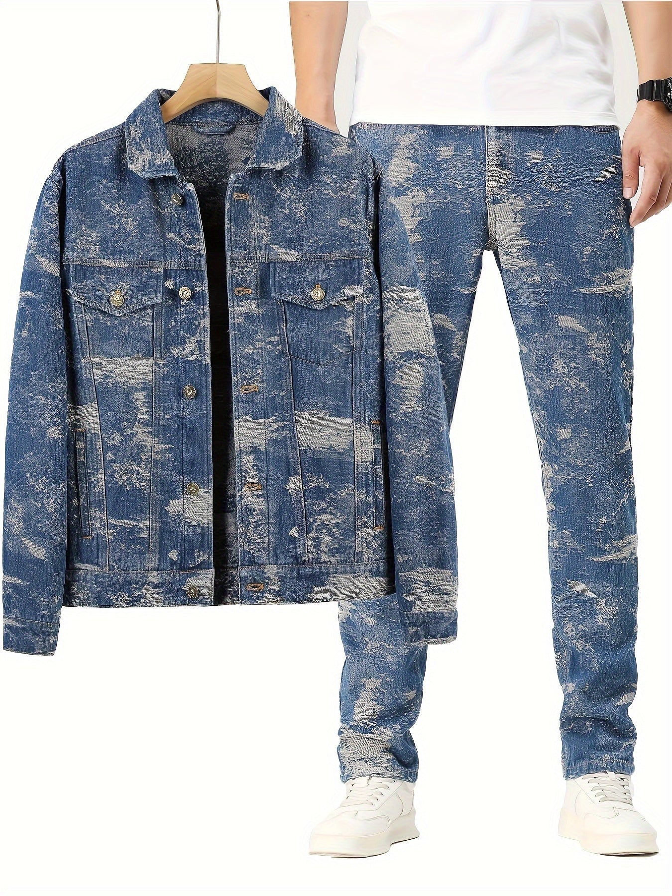 gbolsos Men's Casual Jacquard Set, Turndown Collar Chest Pocket Jacket And Loose Trendy Straight Leg Pants For Spring Autumn