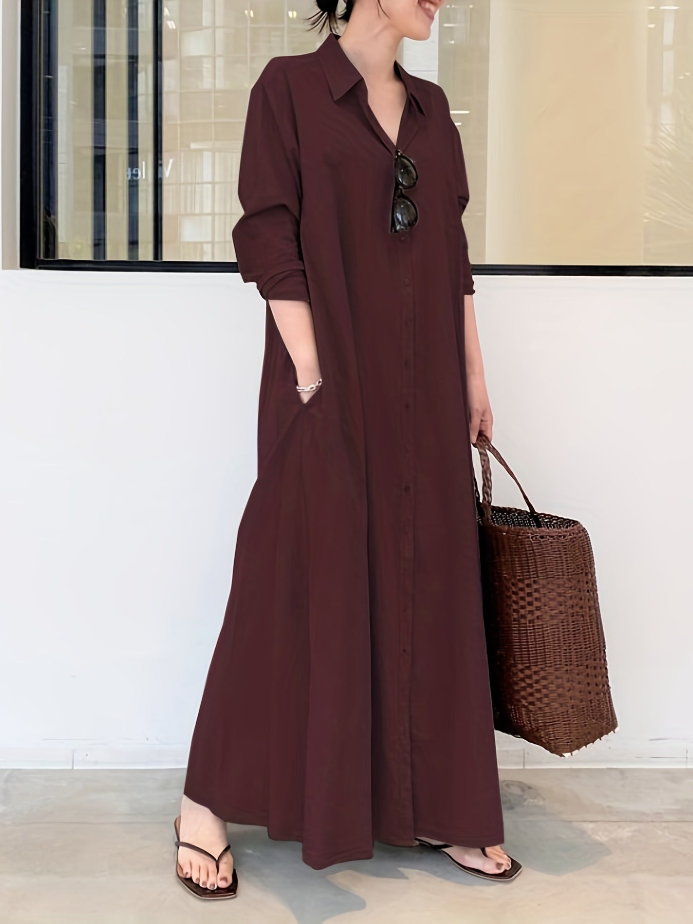 gbolsos Button Front Kaftan Dress, Casual Solid Long Sleeve Maxi Dress, Women's Clothing