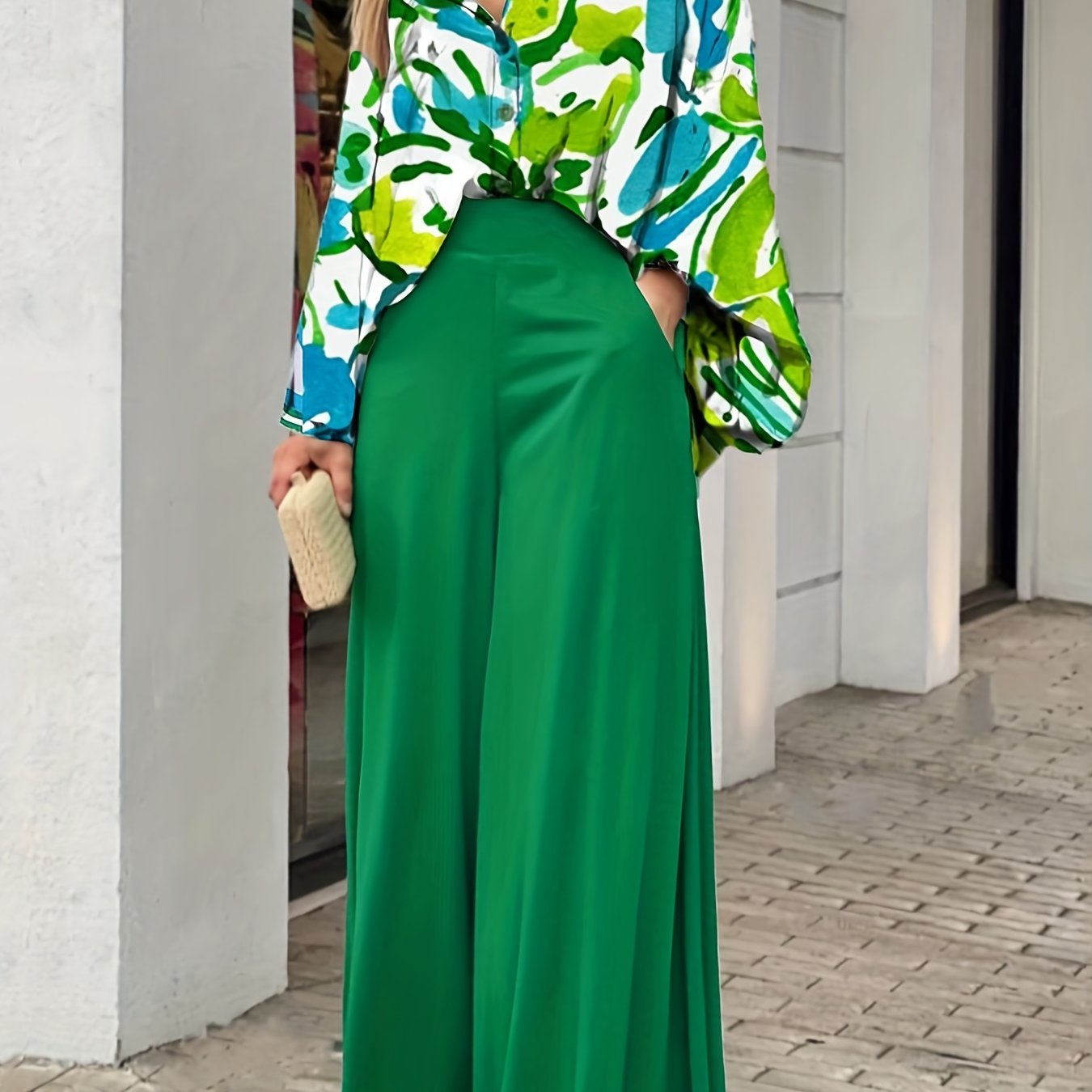 gbolsos Batwing Sleeve Tie Dye Blouse & High Waist Solid Pantsuits