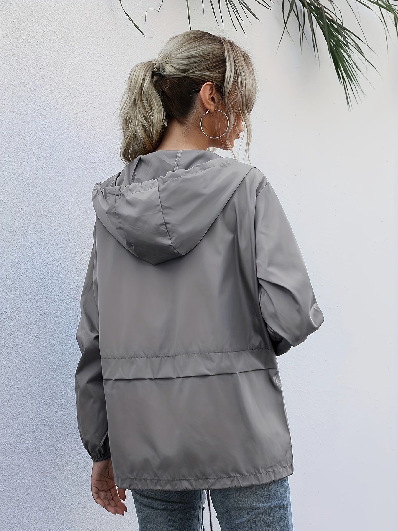 gbolsos Zip Up Drawstring Raincoat, Casual Solid Hooded Long Sleeve Outerwear, Women's Clothing
