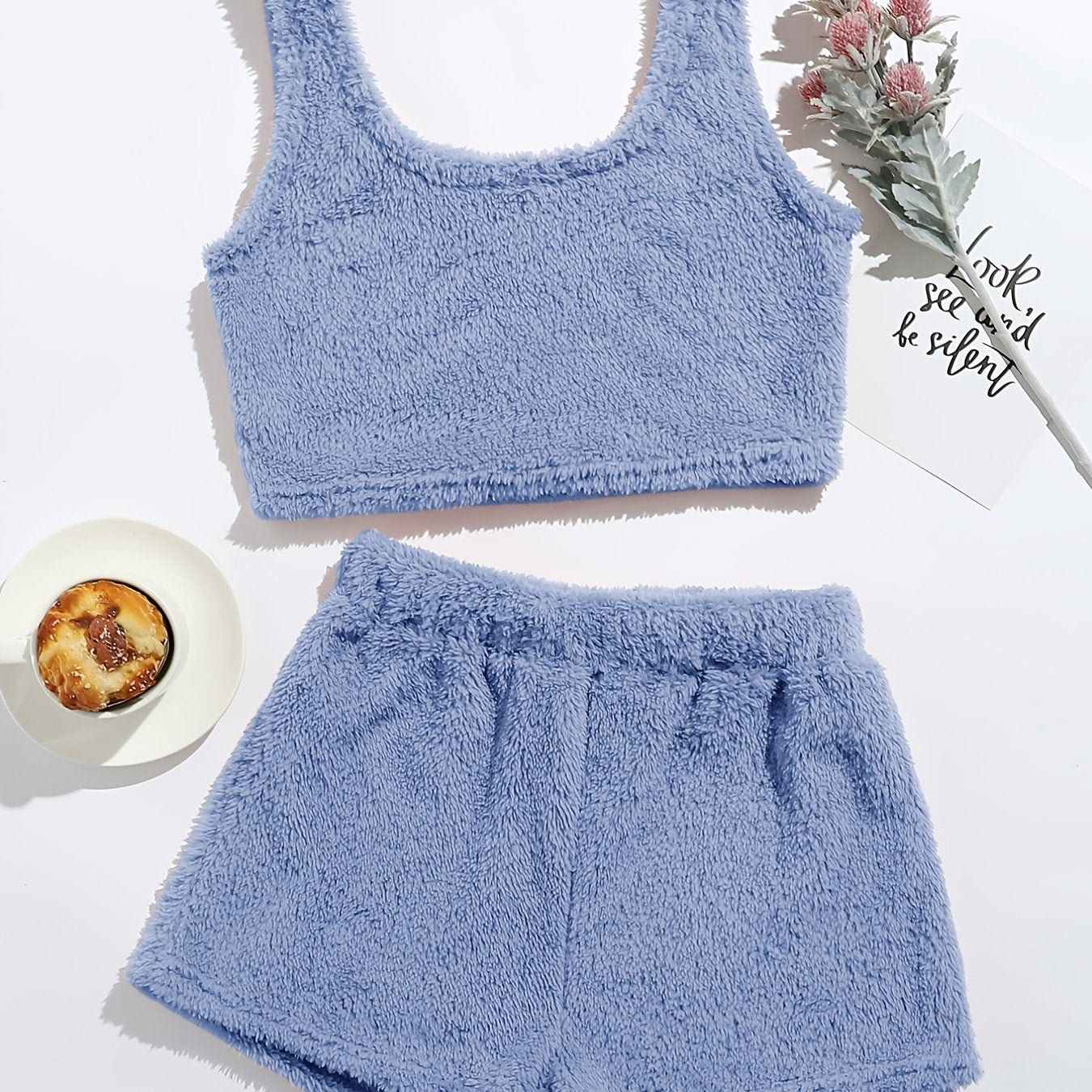 Fluffy Comfortable Pajamas Set, Crop Tank Sleeveless Top & Comfortable Shorts Loungewear Set For Valentine's Gifts, Women's Loungewear & Sleepwear
