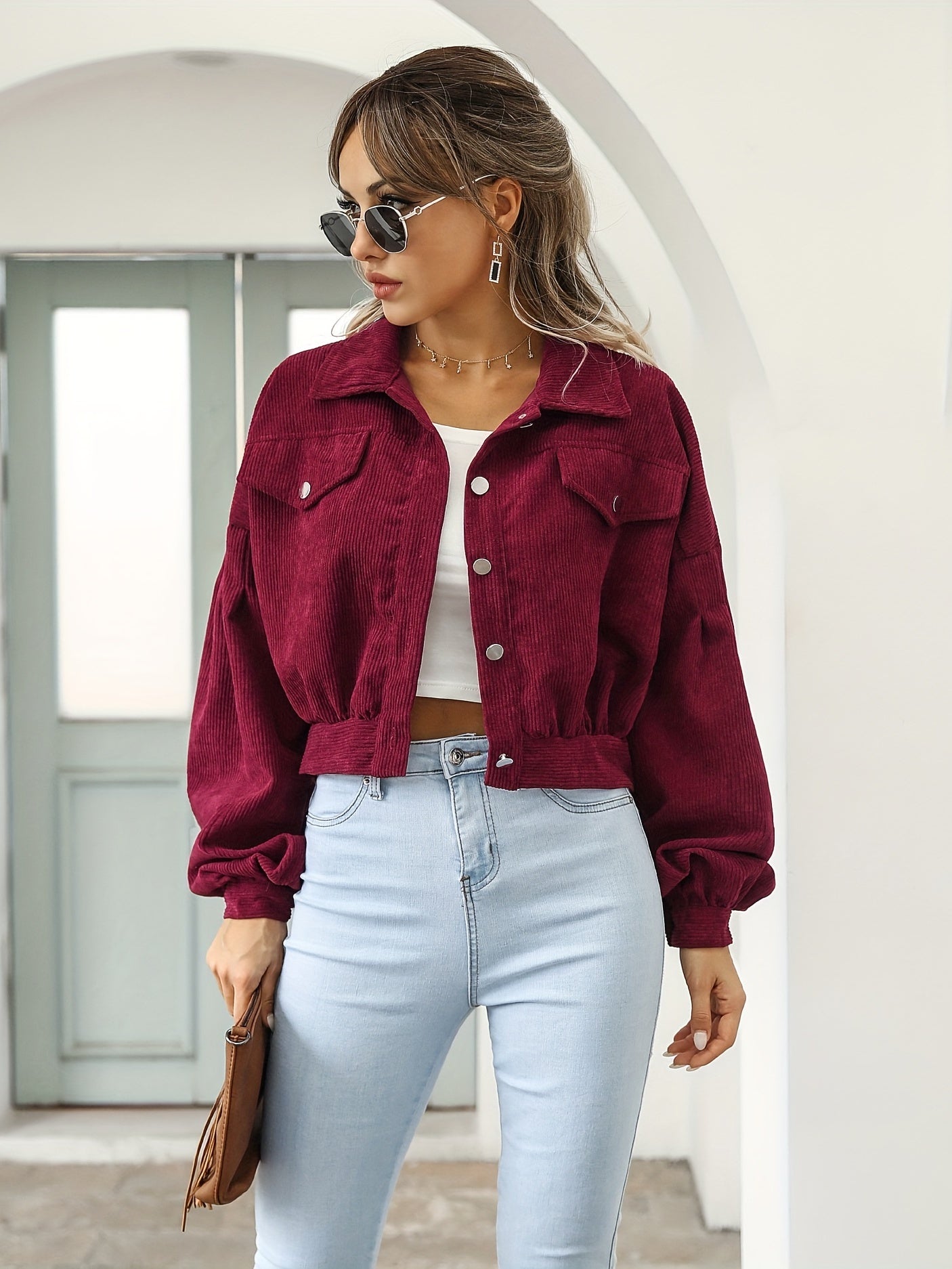 gbolsos Casual Corduroy Crop Jacket, Lapel Lantern Long Sleeve Fashion Loose Crop Outerwear, Women's Clothing