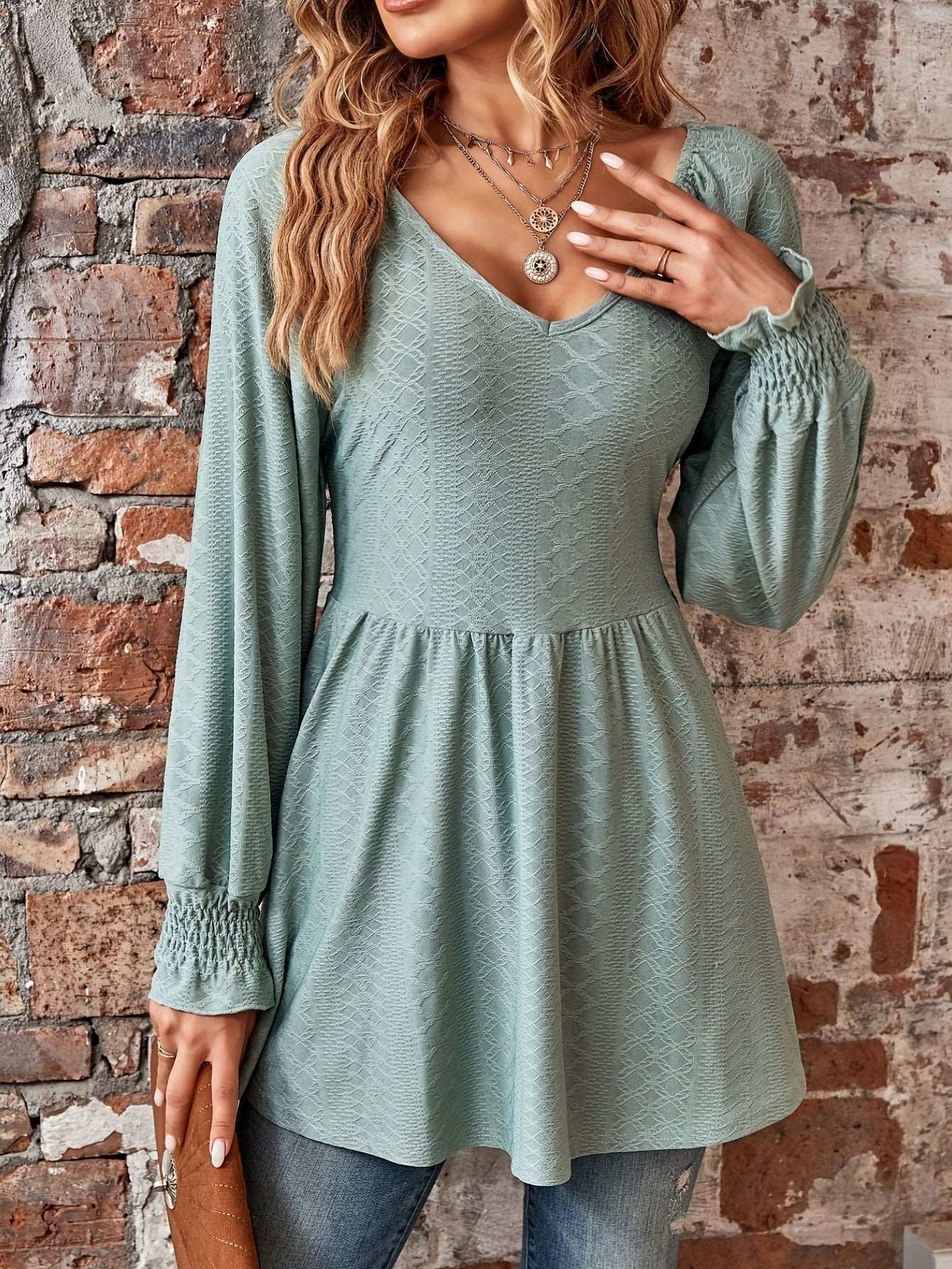 Solid Ruched Mini Dress, Casual Shirred Long Sleeve Dress, Women's Clothing