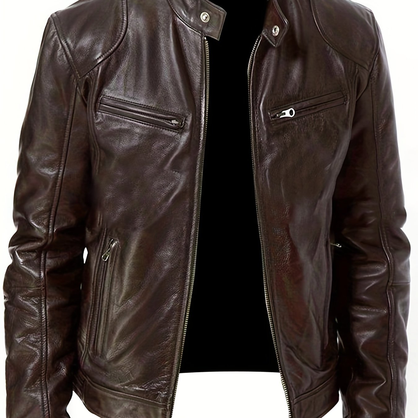 gbolsos Chic PU Jacket, Men's Casual Solid Color Zip Up Stand Collar Faux Leather Jacket For Spring Fall