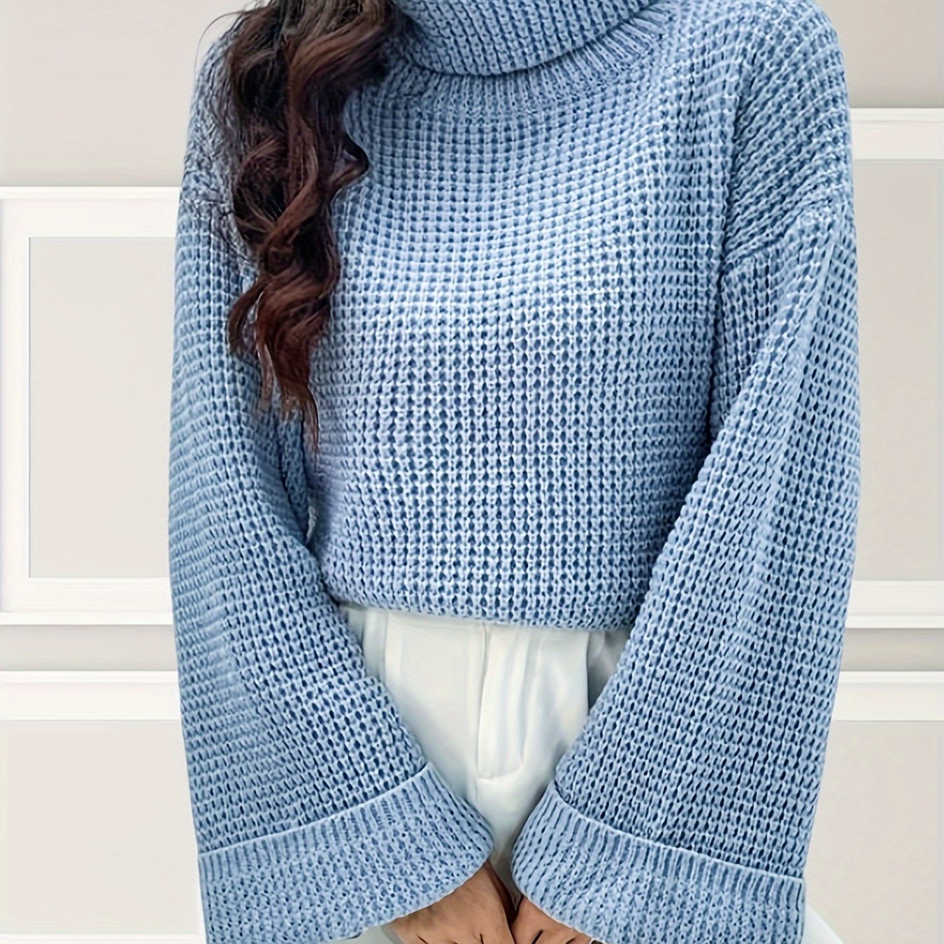 gbolsos Solid Turtle Neck Pullover Sweater, Elegant Long Sleeve Loose Sweater For Fall & Winter, Women's Clothing