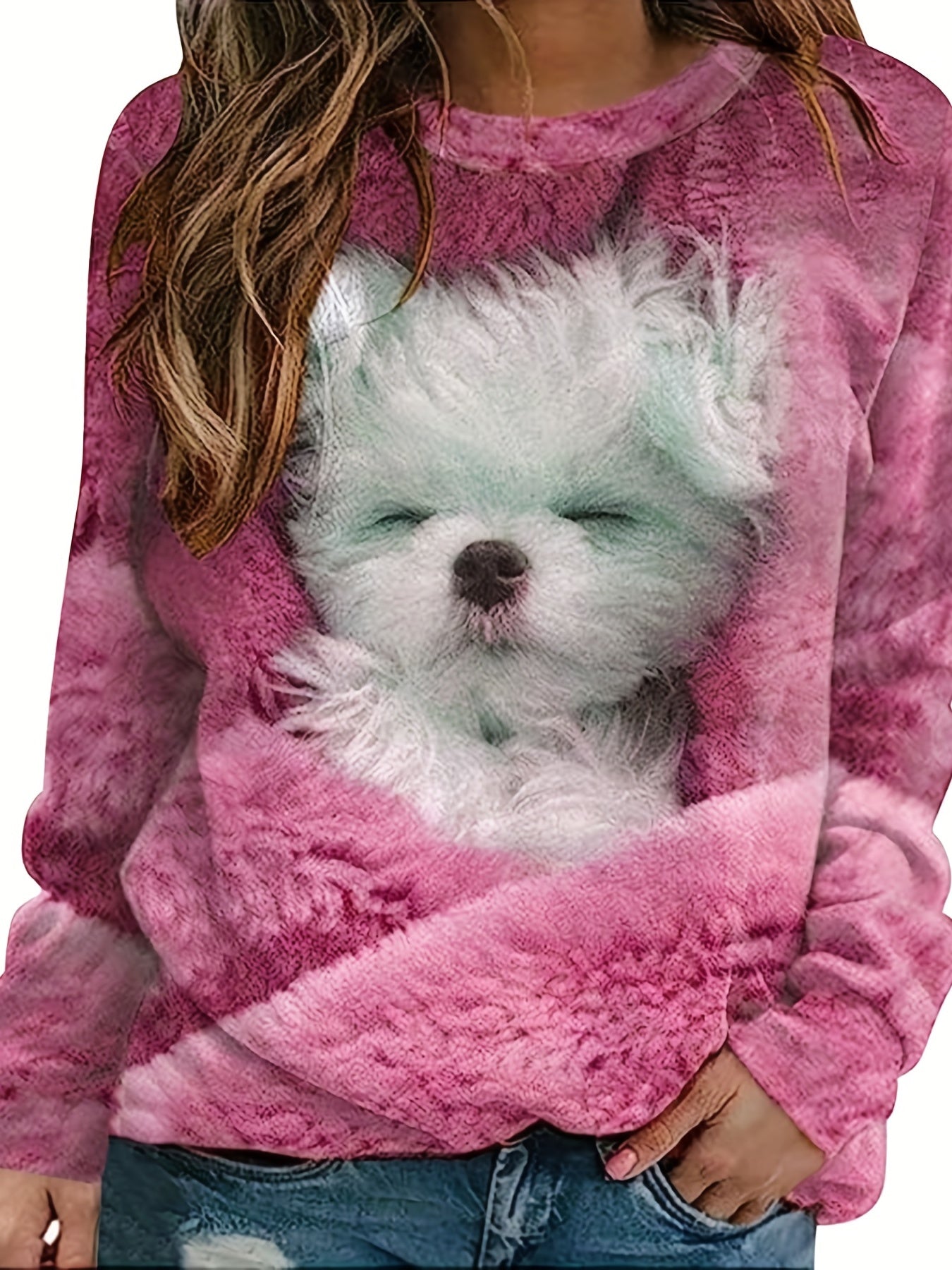 gbolsos Dog Print Pullover Sweatshirt, Casual Long Sleeve Crew Neck Sweatshirt For Fall & Winter, Women's Clothing