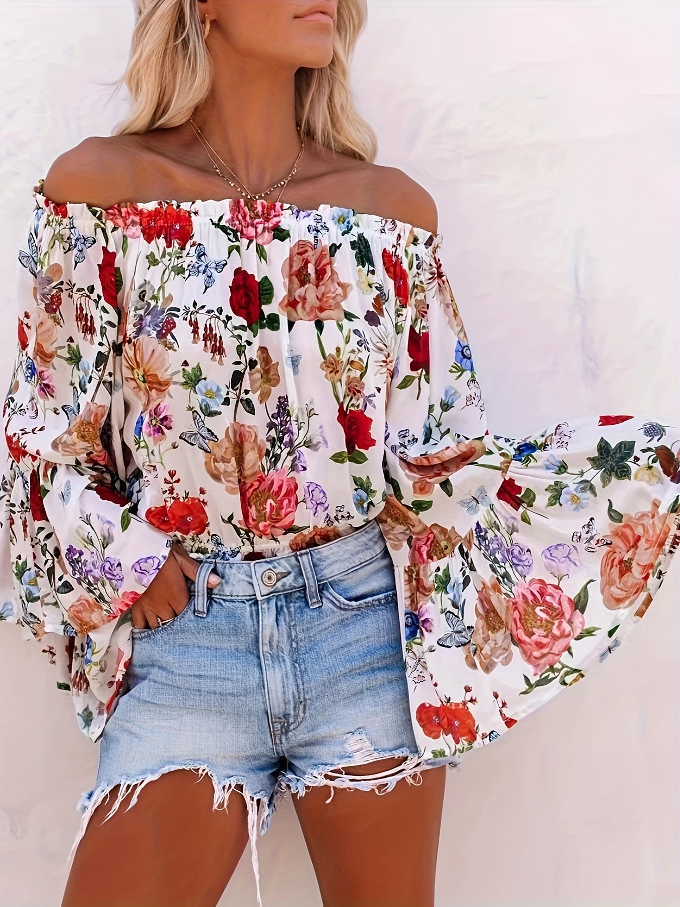gbolsos Vintage Floral Print Blouse, Vacation Off Shoulder Flared Sleeve Blouse, Women's Clothing
