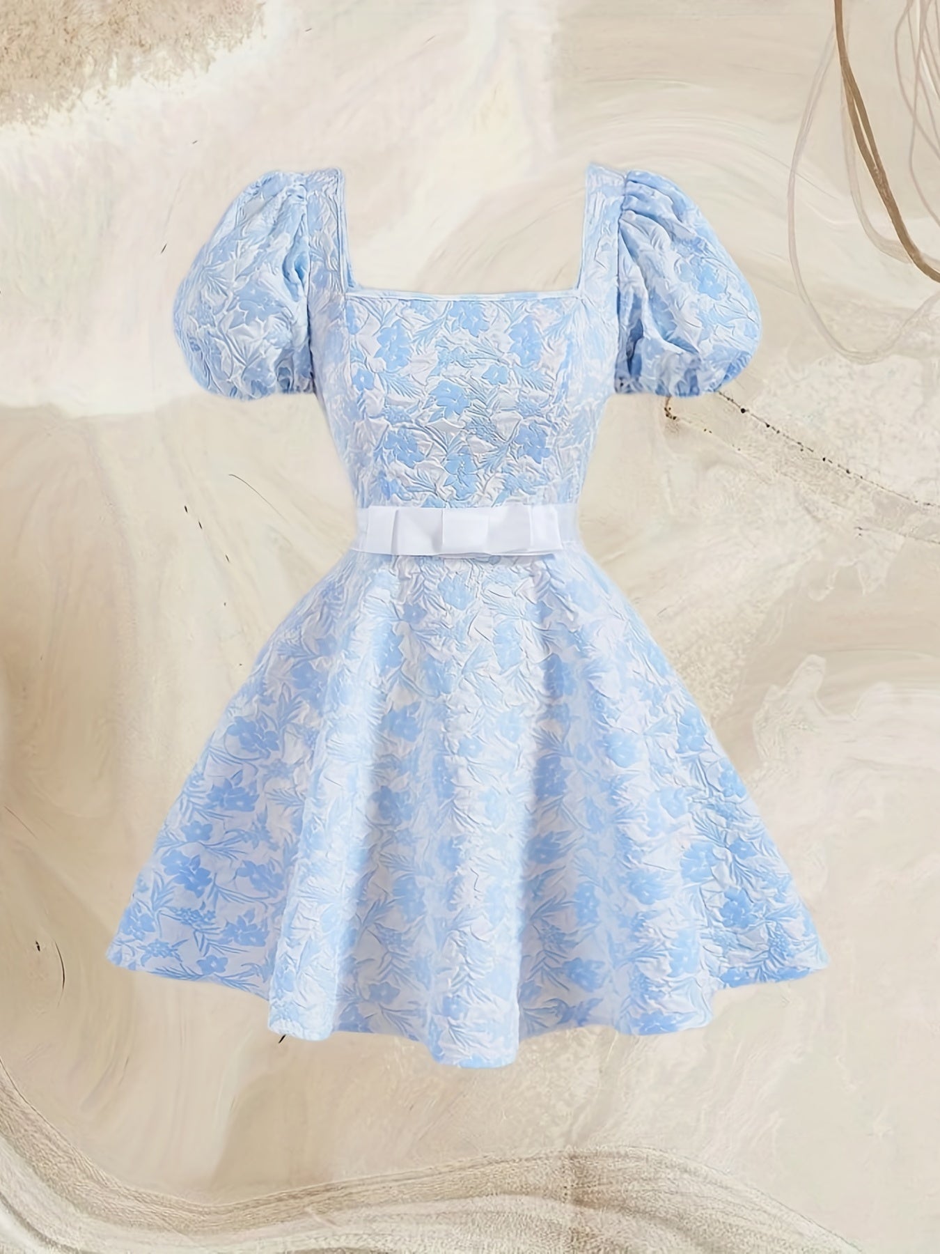 Floral Print Bow Decor Dress, Vintage Puff Sleeve Squared Neck Dress, Women's Clothing