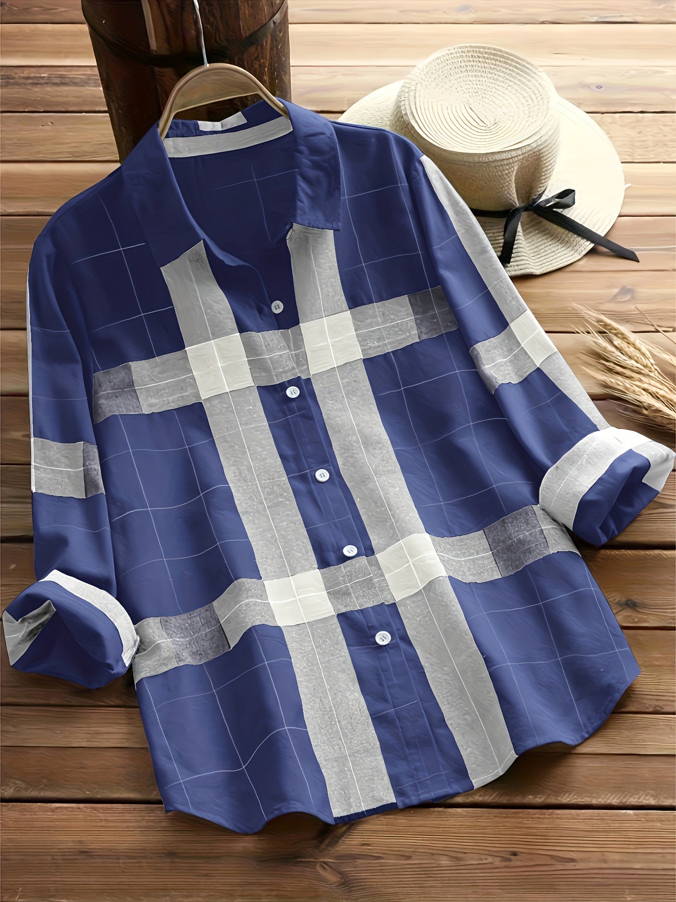 Plaid Print Shirt, Casual Button Front Long Sleeve Collar Shirt, Women's Clothing