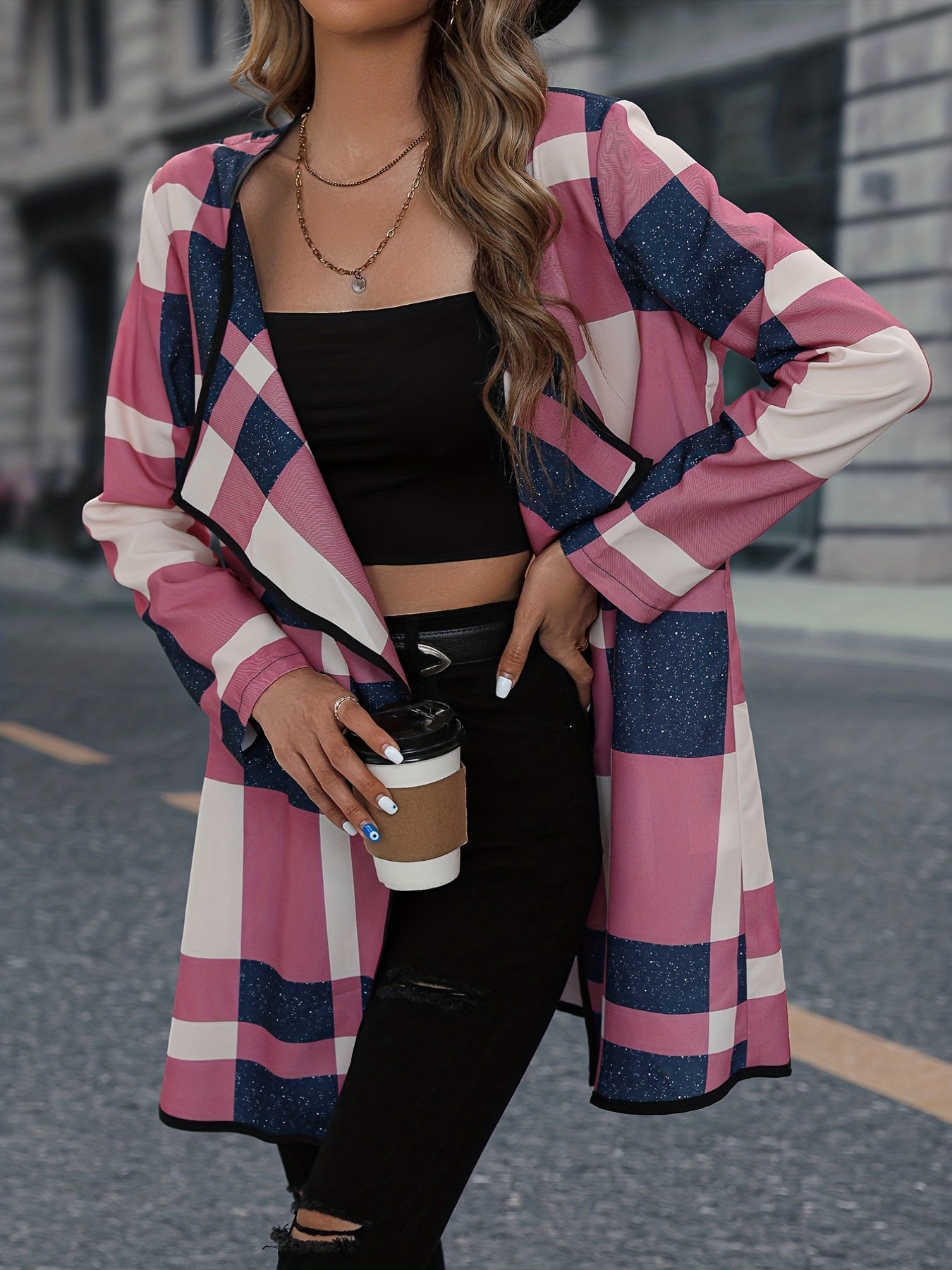 gbolsos Plaid Print Cardigan, Casual Open Front Long Sleeve Outerwear, Women's Clothing