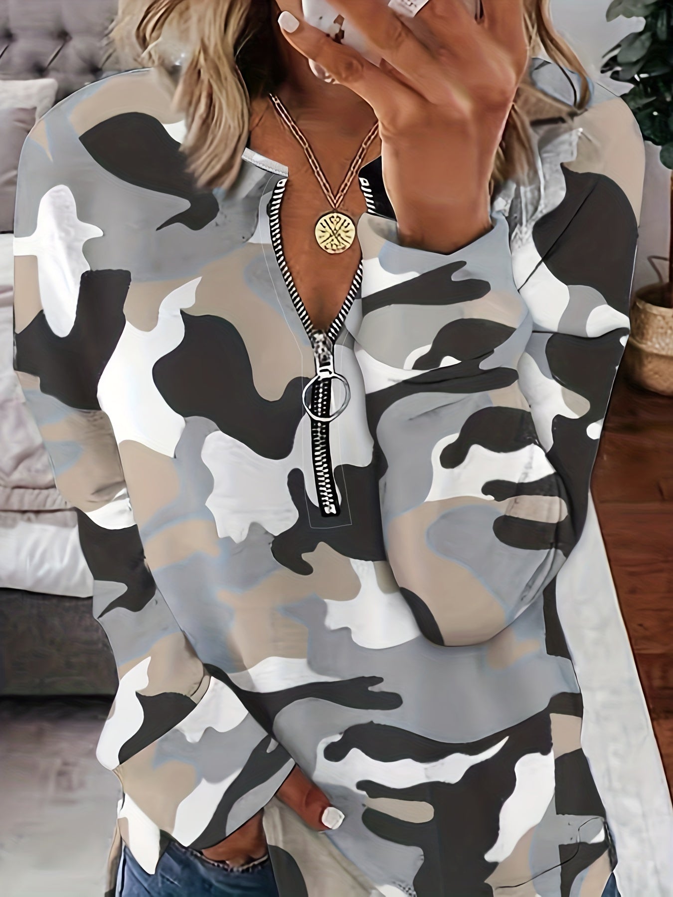 gbolsos All Over Print Zip Front T-Shirt, Casual Long Sleeve Top For Spring & Fall, Women's Clothing
