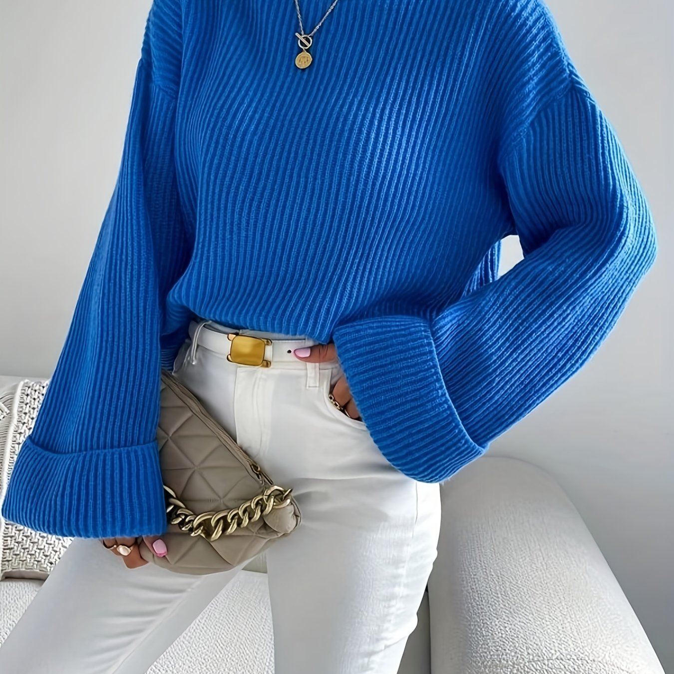 gbolsos Solid Mock Neck Pullover Sweater, Casual Long Sleeve Drop Shoulder Sweater For Fall & Winter, Women's Clothing