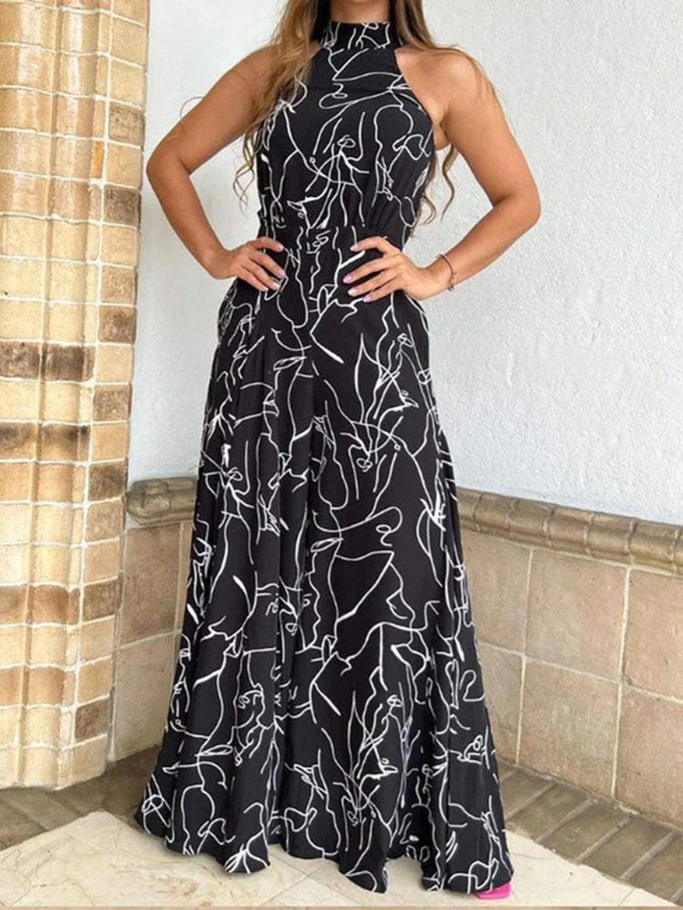 gbolsos Elegant Tie Waist Halter Jumpsuit, Casual Floral Print Sleeveless Summer Wide Leg Jumpsuit, Women's Clothing